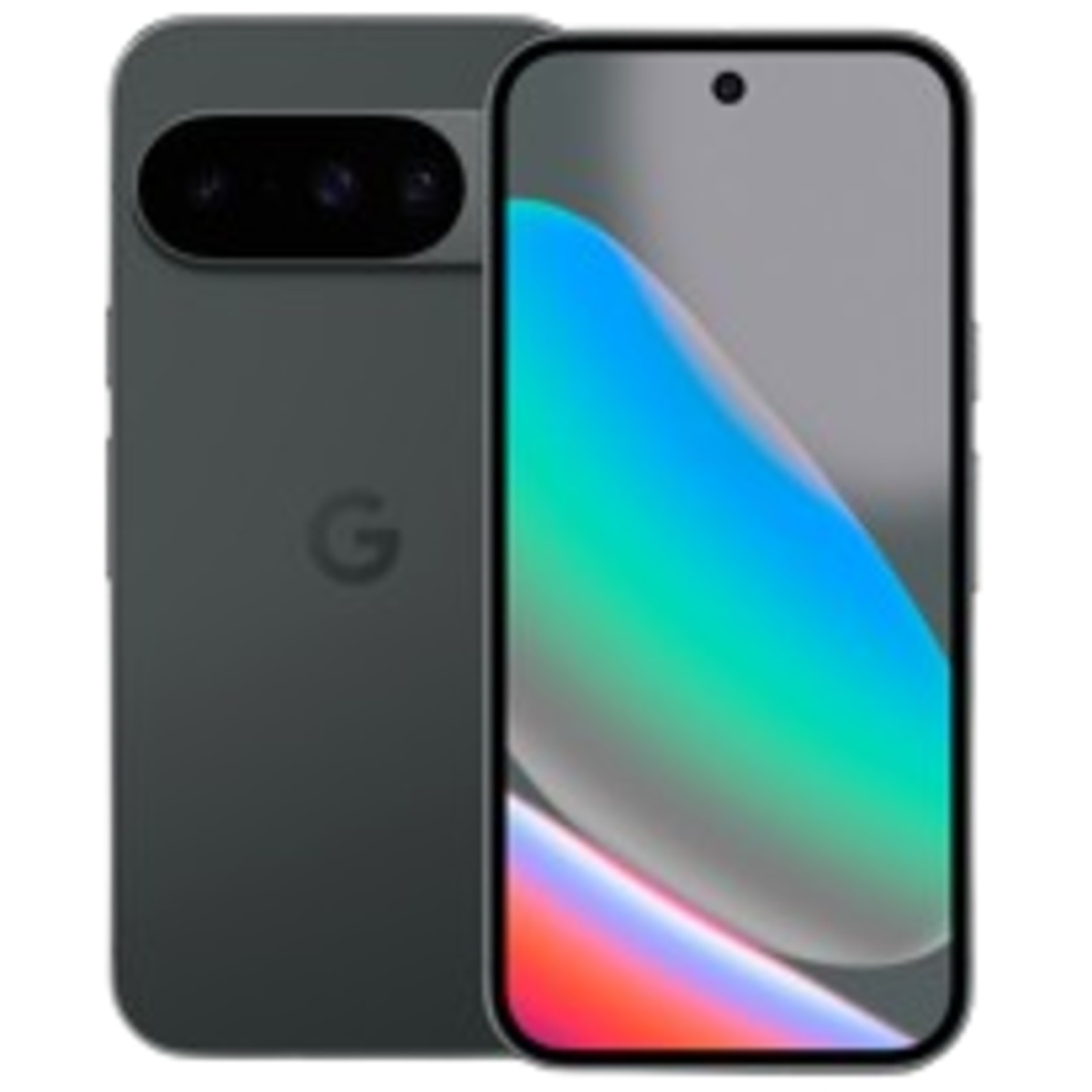 Twee smartphones. Eén is grijs en toont de achterkant en camera's. De andere toont een kleurrijke gradiënt op het scherm.