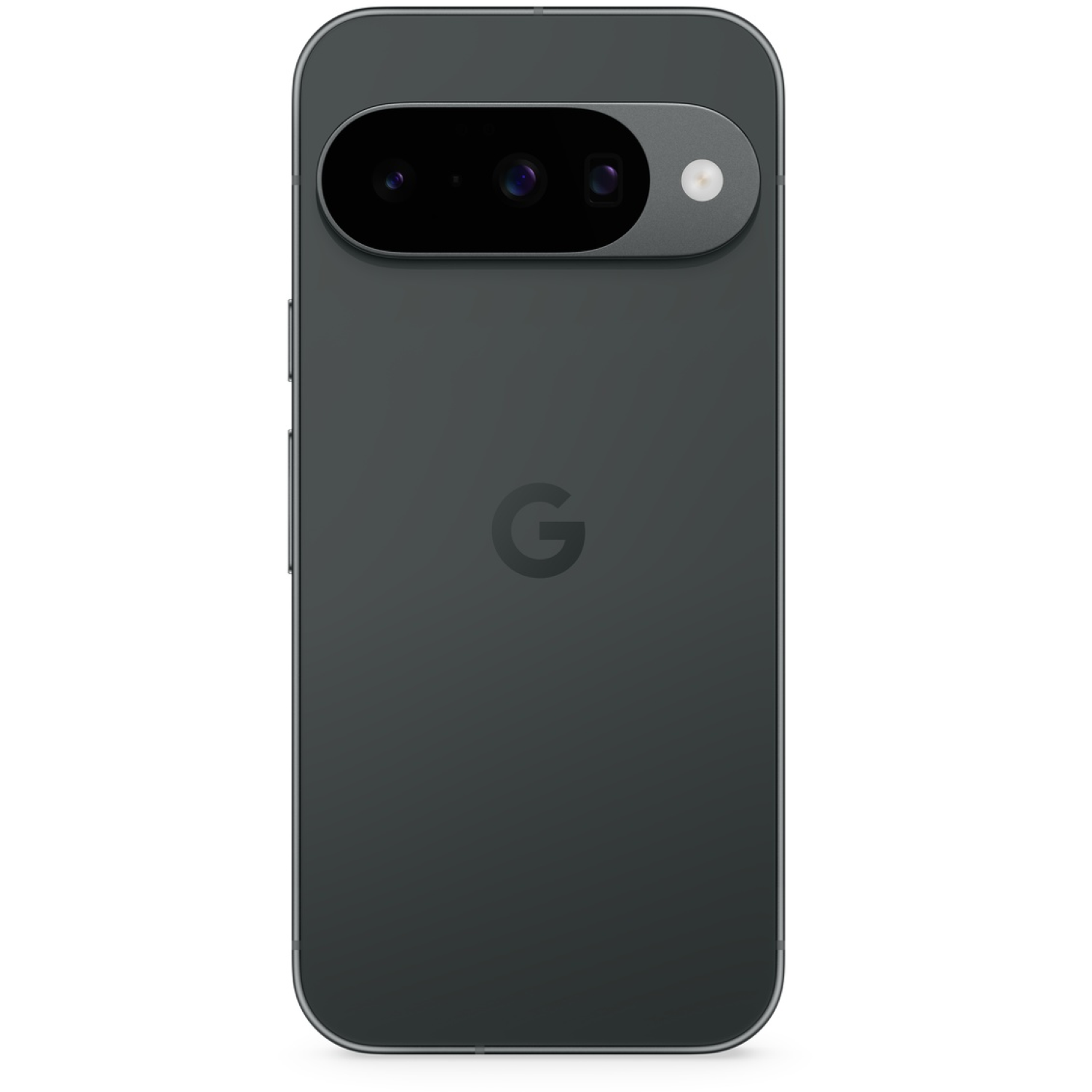 Een donkergrijze smartphone op een witte achtergrond. Beschikt over een camerabalk, Google-logo en zijknoppen.