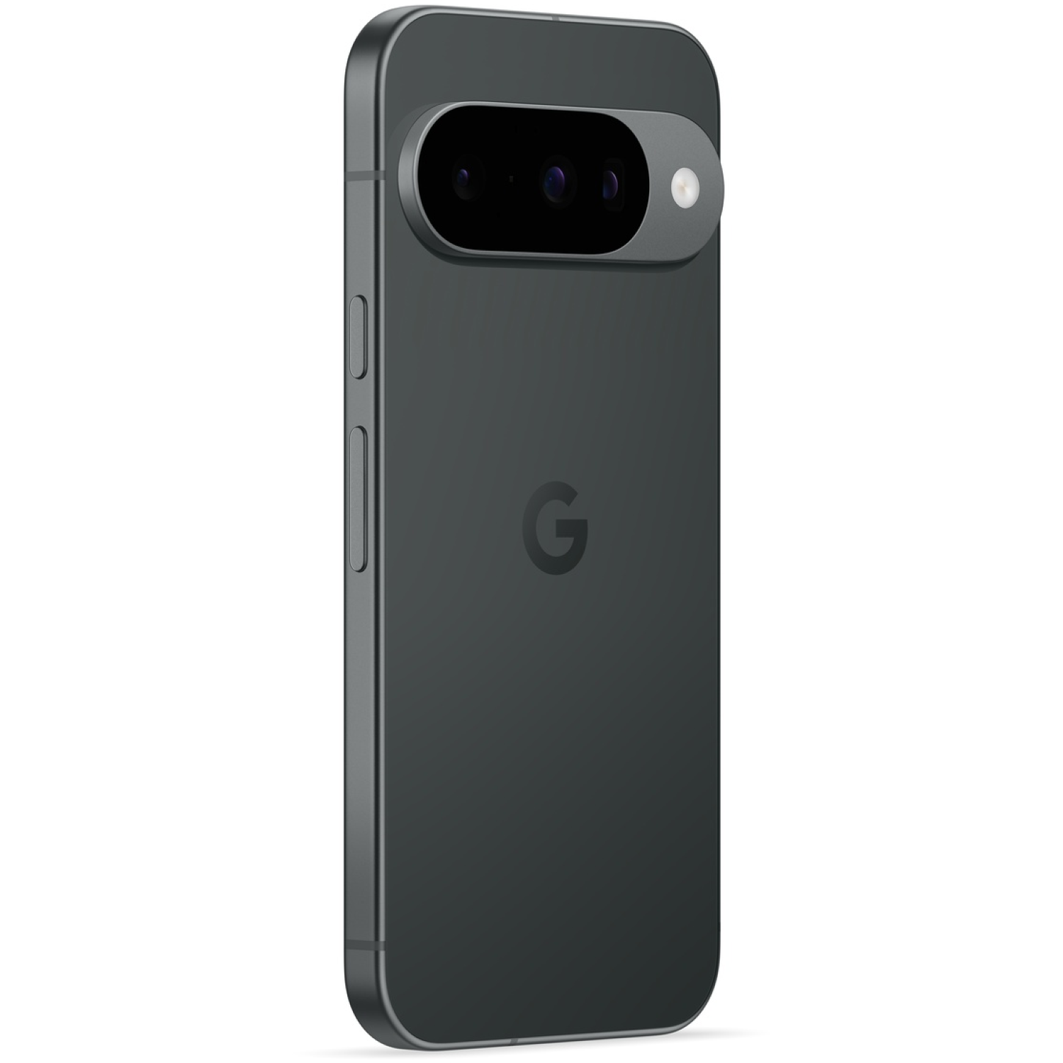 Een donkergrijze Google Pixel-telefoon staat schuin, met de achterkant zichtbaar. Kenmerken zijn een camerabalk, 'G'-logo en knoppen.