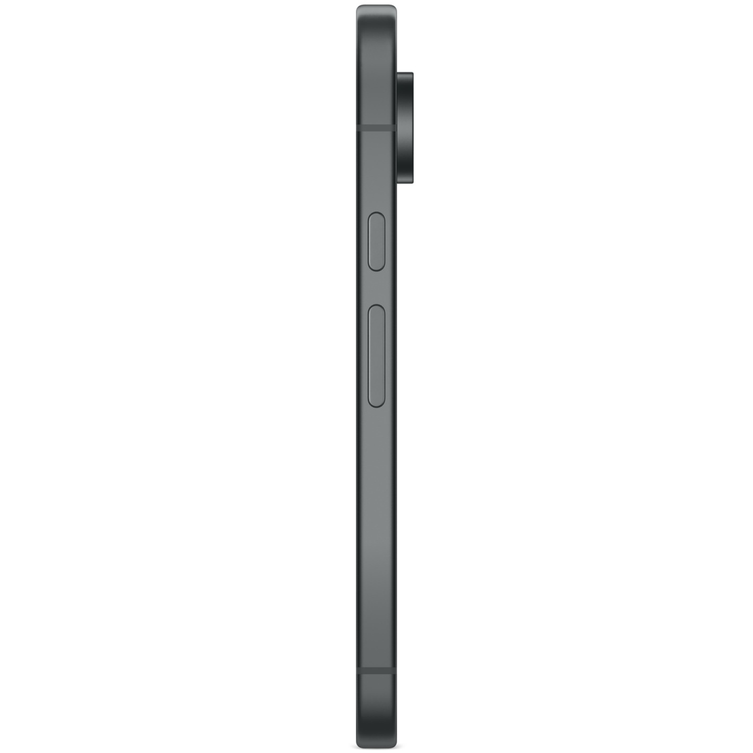 Zijaanzicht van een donkergrijze smartphone. De camerabult en zijknopjes zijn zichtbaar. De telefoon staat tegen een witte achtergrond.