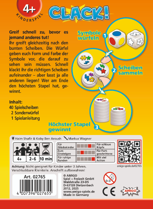Spielbox mit dem Titel "CLACK!" mit Würfeln, farbigen Scheiben und Anweisungen. Enthält Text auf Deutsch.