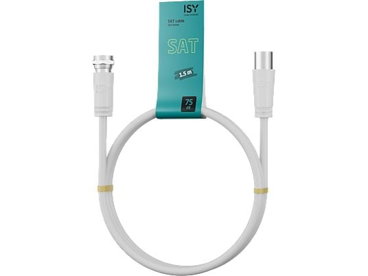 Biały kabel SAT z wtyczkami na obu końcach i turkusową etykietą. Kabel jest zwinięty i trzymany przez żółtą opaskę.