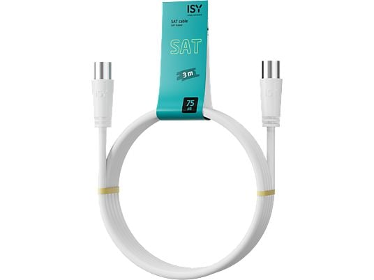 Biały kabel SAT z wtyczkami, w pętli. Etykieta u góry mówi 'Kabel SAT' i '3m'. Tło jest białe.