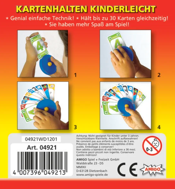 Das Bild zeigt einen Kartenhalter mit Karten und Text auf Deutsch. Der Halter ist blau, und die Karten haben Zahlen und Farben.