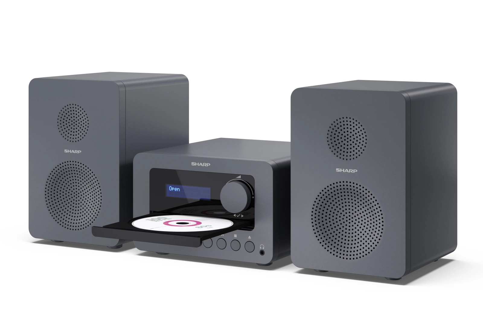 Szary system stereo Sharp z odtwarzaczem CD, głośnikami i wysuniętą płytą. Słowo "Open" jest wyświetlane na ekranie.