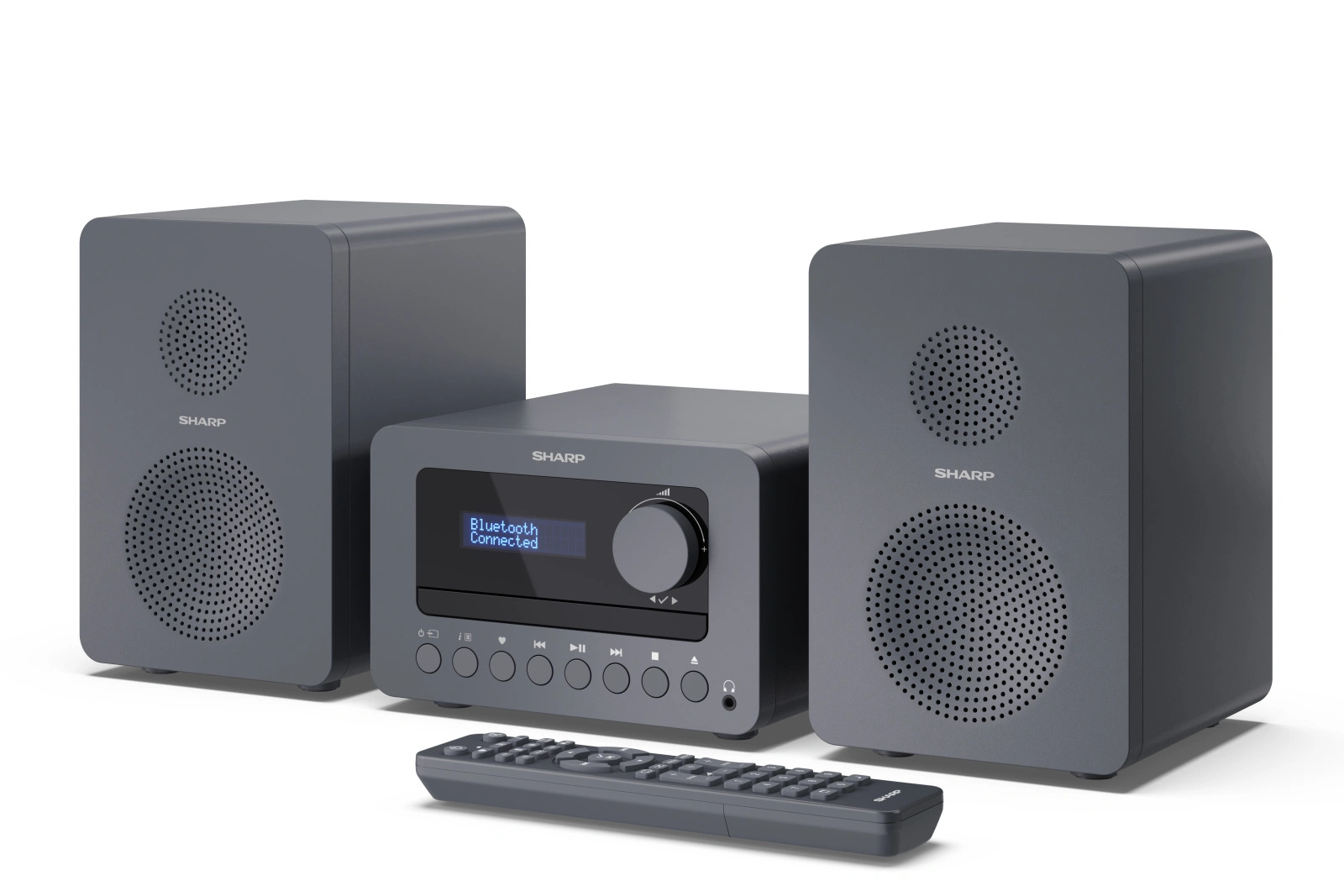 Ciemnoszary system stereo SHARP z dwoma głośnikami, odbiornikiem i pilotem, wyświetlający 'Bluetooth Connected'.