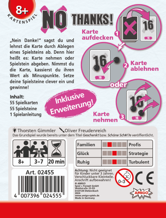 Spielbox für 'No Thanks!' mit Karten, Anweisungen und Altersangabe 8+. Zeigt Spielschritte und Informationen.