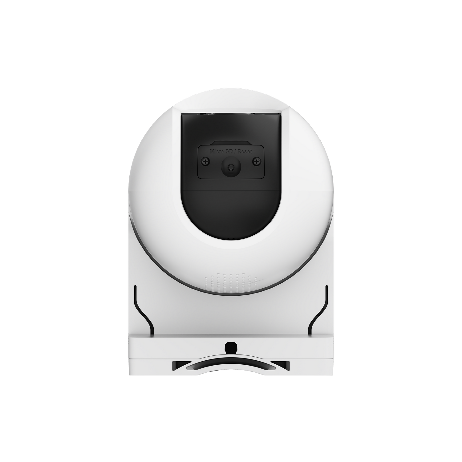 Una cámara de seguridad blanca con un panel negro para la tarjeta micro SD y el botón de reinicio, sobre un fondo gris.