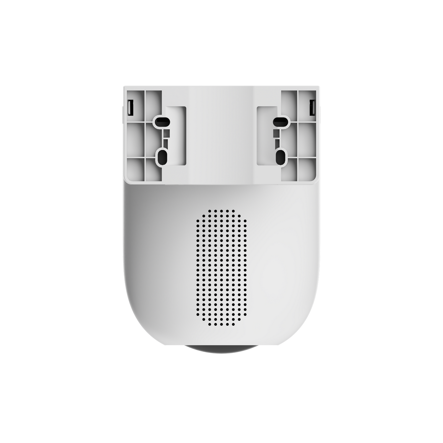 Una cámara de seguridad blanca, vista superior. Tiene una rejilla de altavoz, soportes de montaje y una lente. El fondo es gris sólido.