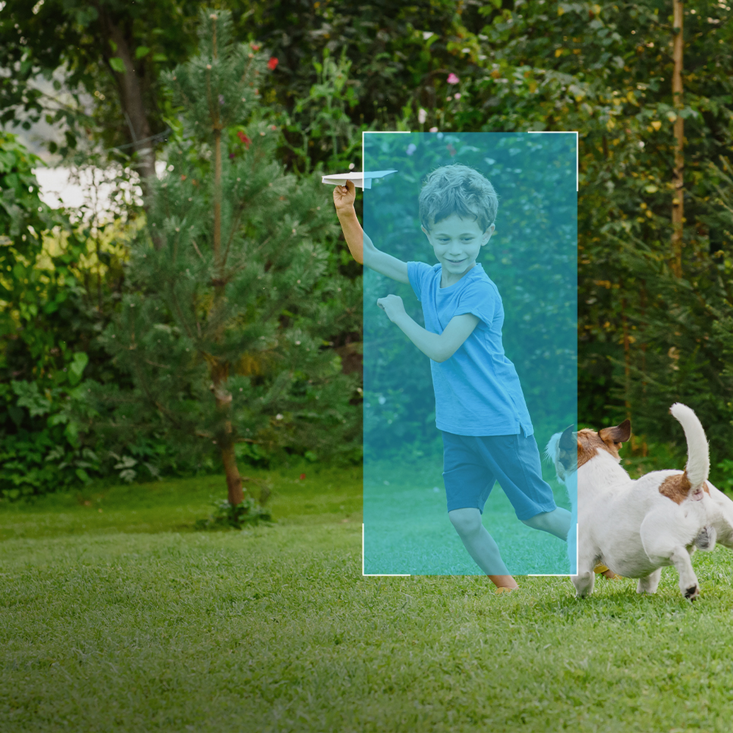 Un niño con una camiseta azul lanza un avión de papel. Un perro corre a su lado sobre la hierba verde en un jardín.