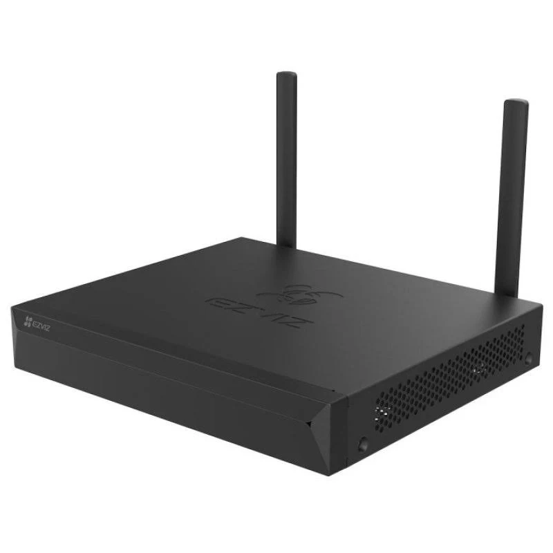 Una grabadora de video en red EZVIZ negra con dos antenas. El dispositivo tiene el logotipo de EZVIZ y el nombre EZVIZ es visible en el frente.