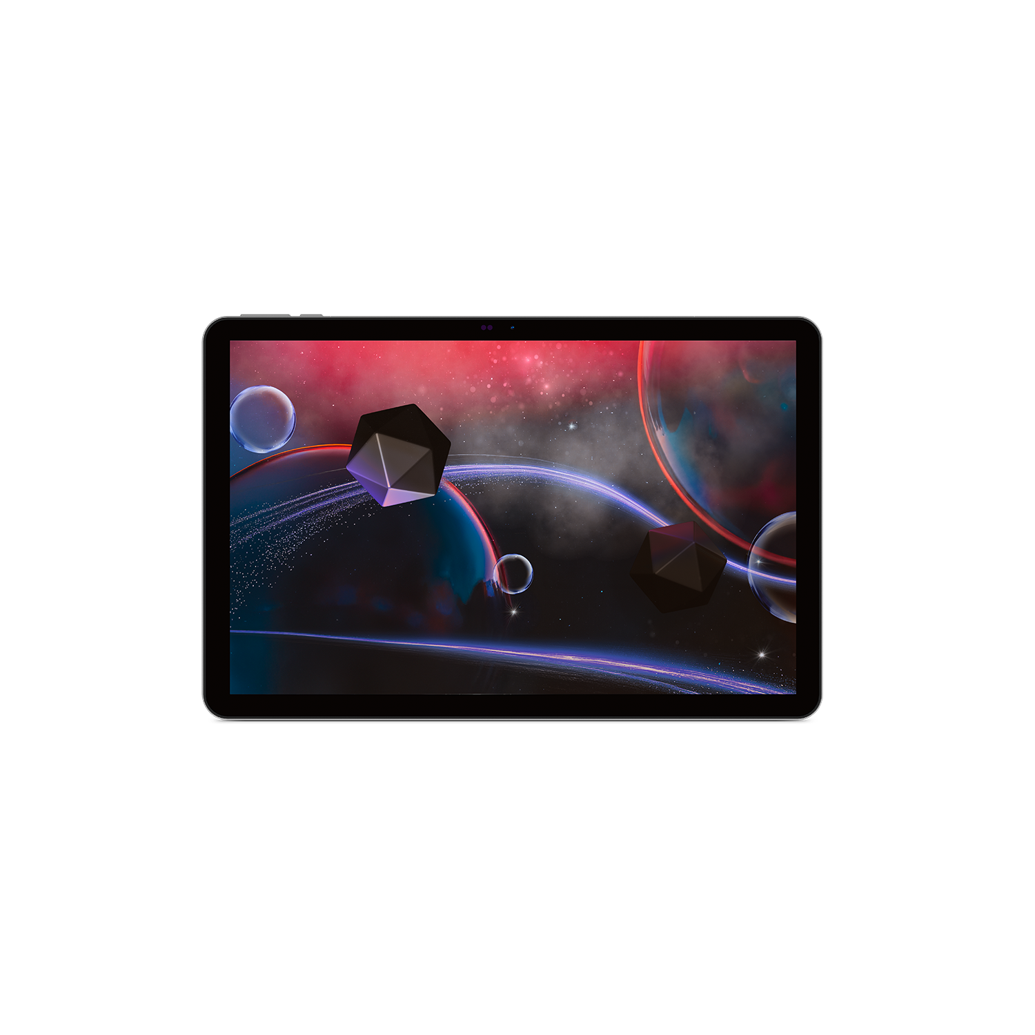 La pantalla de la tableta muestra una escena espacial con planetas, formas geométricas y líneas brillantes sobre fondo rojo y oscuro.