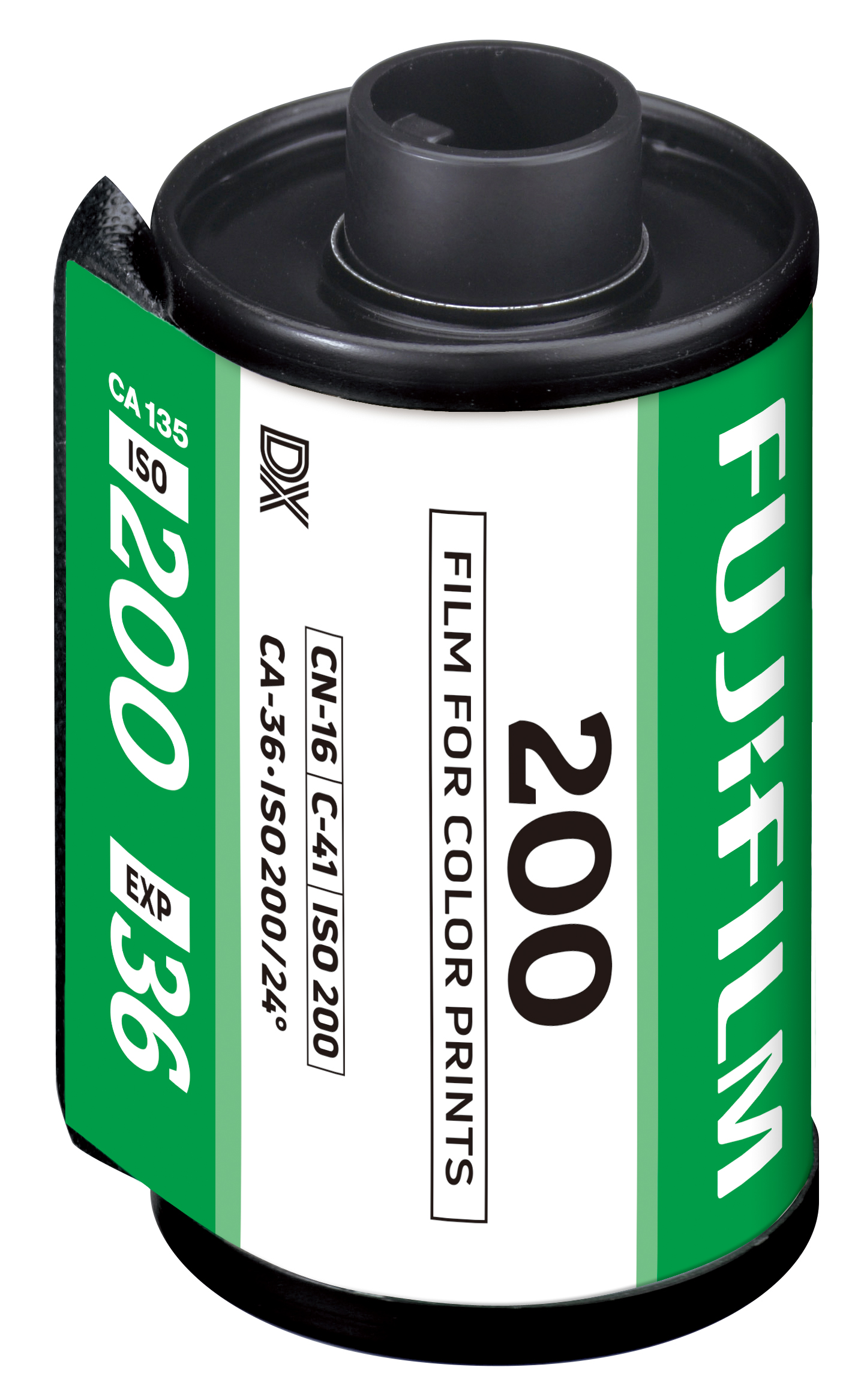 Un rollo de película Fujifilm. Tiene etiquetas verdes y blancas con el número 200, ISO y otros detalles. El rollo es negro.