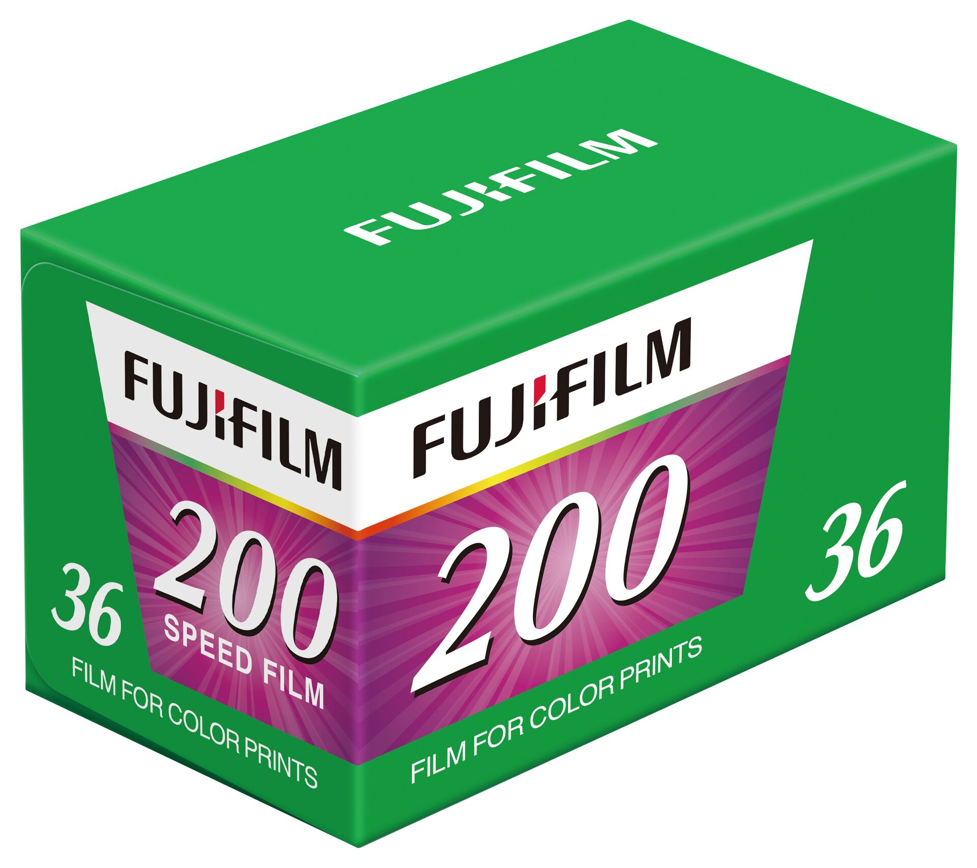 Una caja verde de película Fujifilm. Muestra la marca, el tipo de película 200 y el número 36. Dice 'Película para impresiones en color'.
