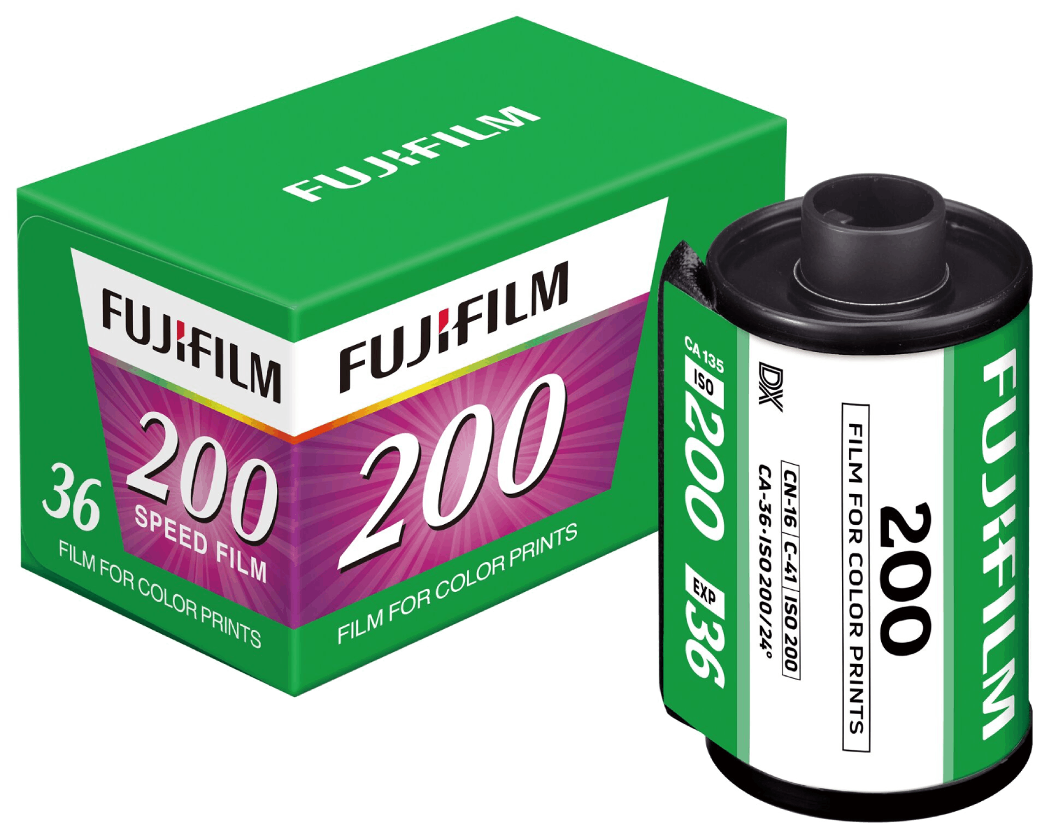 Una caja verde de película Fujifilm y un rollo de película. La caja y el rollo muestran el logotipo de Fujifilm y '200' indicando la velocidad.