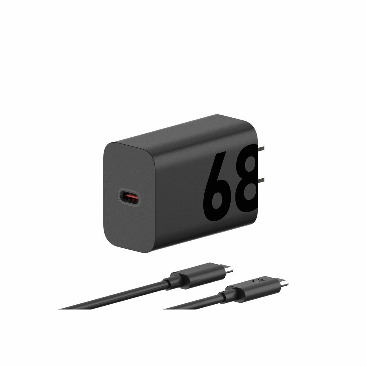 Cargador negro con '68' y dos cables USB-C negros. El cargador tiene un puerto USB-C. Fondo blanco.