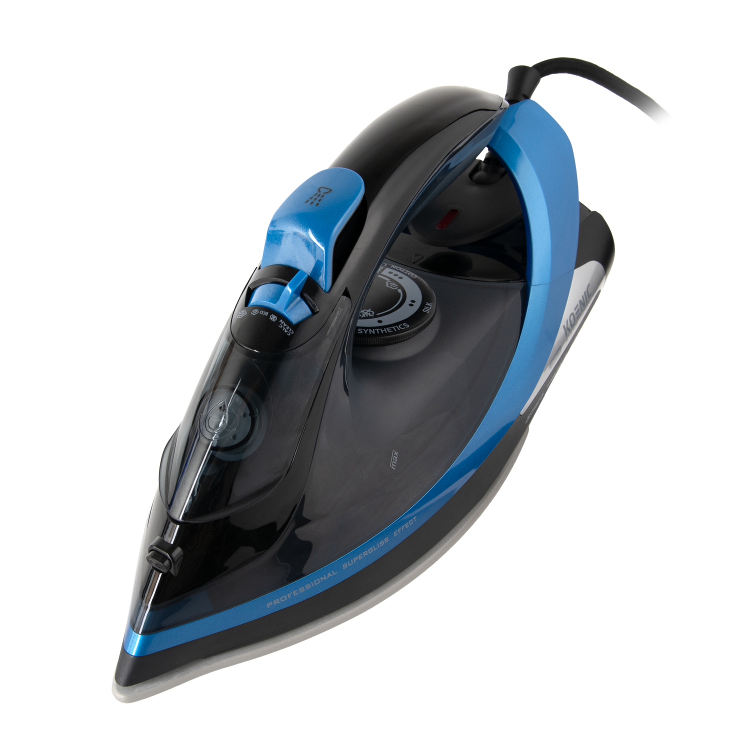 Una plancha negra y azul sobre un fondo gris. Tiene un asa azul y varios diales de ajuste. El cable es negro.