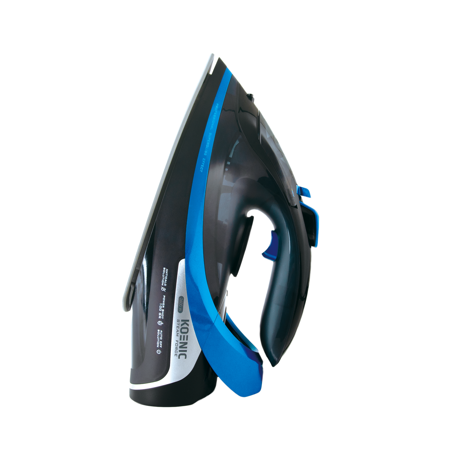 Una plancha negra y azul con la marca 'KOENIC'. Tiene función de vapor y está sobre un fondo gris.