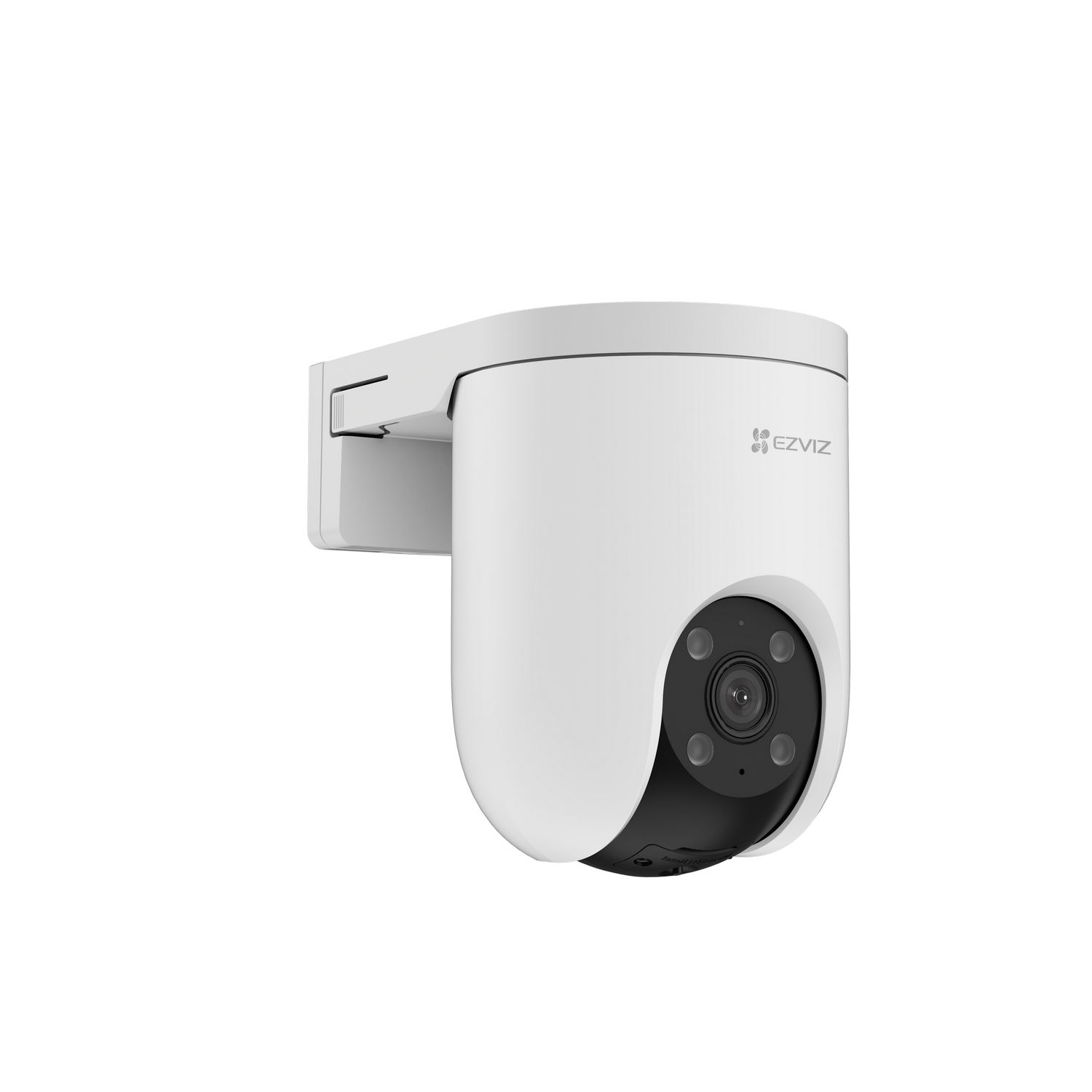 Una cámara de seguridad EZVIZ blanca montada sobre un fondo gris. Tiene una lente negra y el logotipo de EZVIZ.