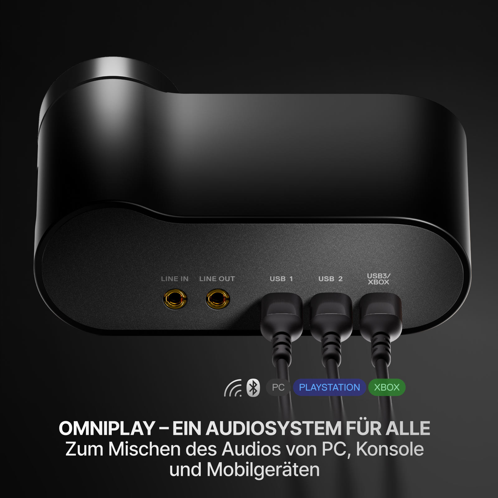 Schwarzes Audiogerät mit Anschlüssen für Line In, Line Out, USB 1, USB 2 und USB3/XBOX. Kabel sind angeschlossen. Text lautet Omniplay.