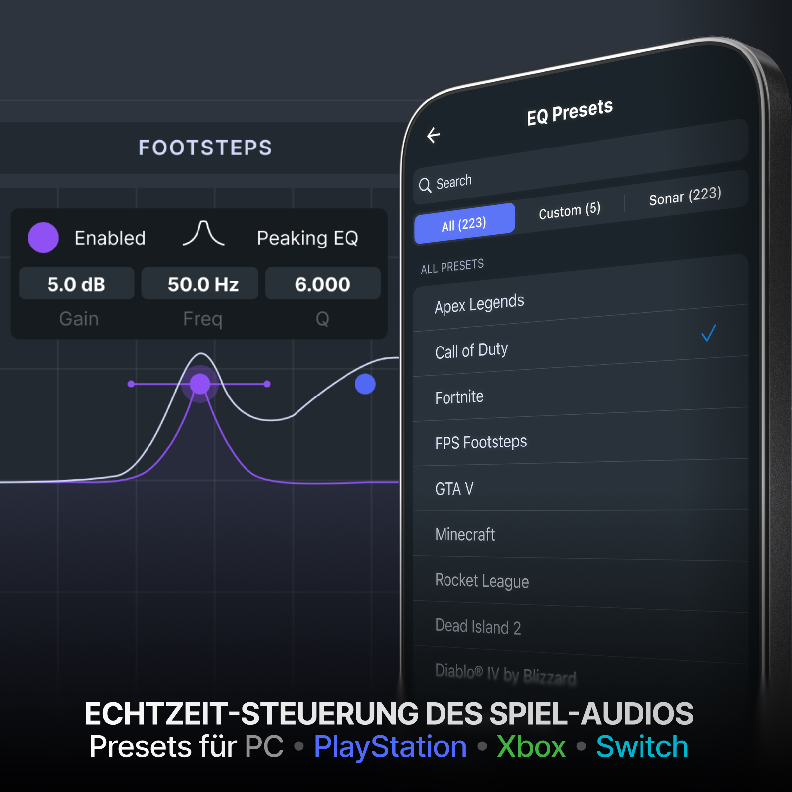 App-Oberfläche mit EQ-Voreinstellungen, einem Diagramm und Spieleplattform-Symbolen. Text enthält 'Footsteps' und Spieletitel wie 'Call of Duty'.