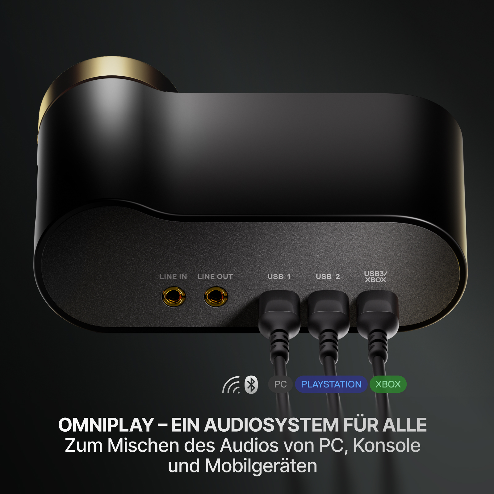 Ein schwarzes Audiogerät mit goldenen Akzenten, verbunden mit USB-Kabeln. Text deutet darauf hin, dass es zum Mischen von Audio von PC, Konsolen und Mobilgeräten dient.