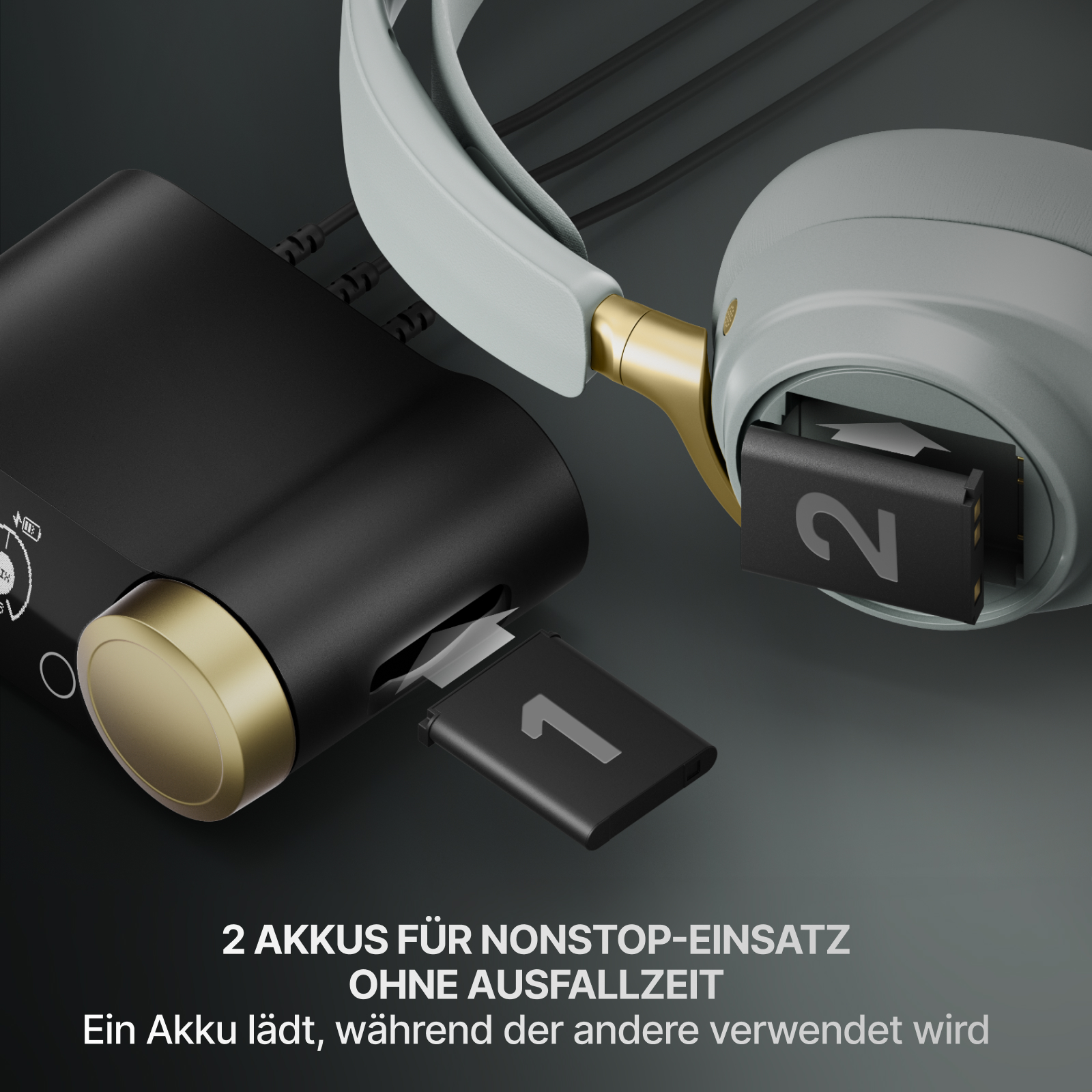 Das Bild zeigt ein schwarzes Gerät mit goldenen Akzenten und ein Headset. Zwei Batterien sind zu sehen, eine mit der Aufschrift '1' und eine weitere mit '2'.