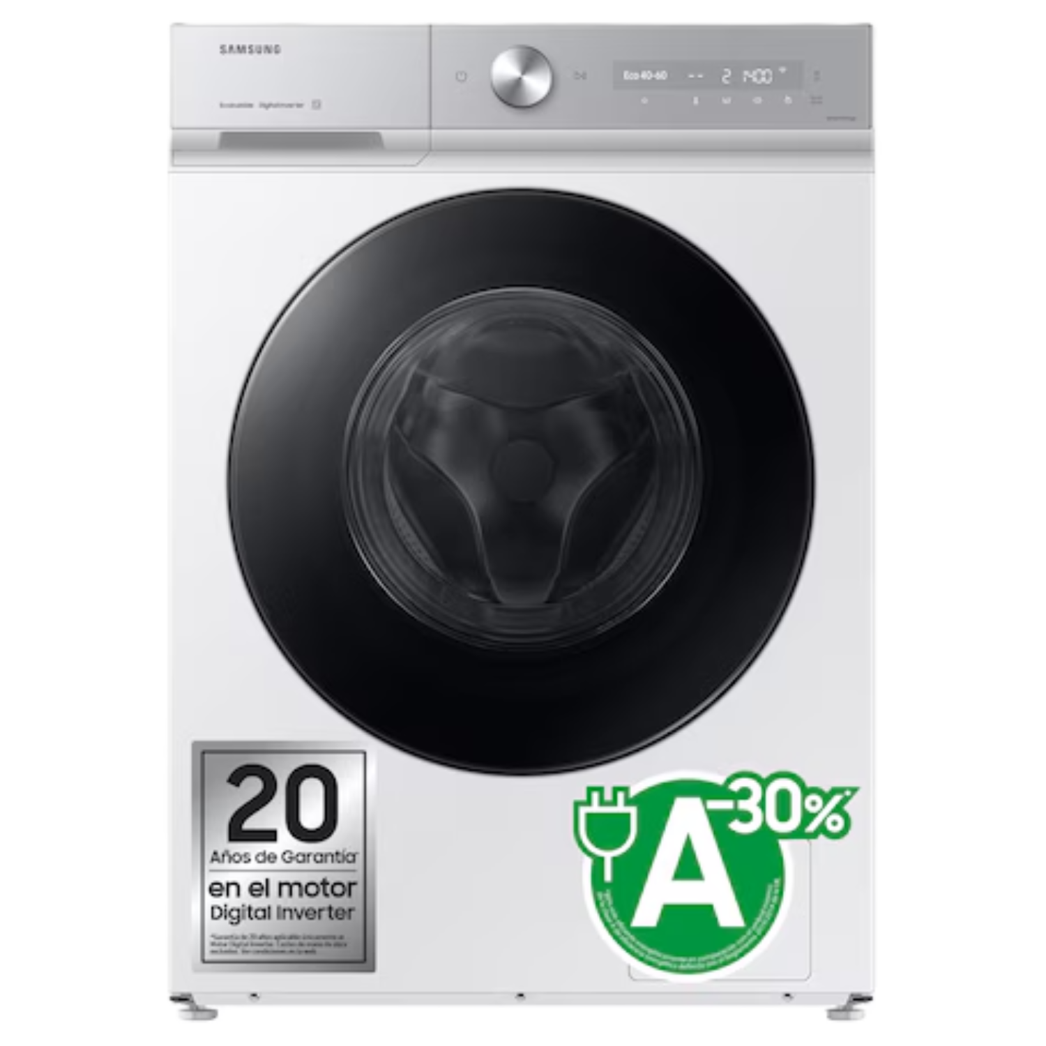 Una lavadora Samsung blanca. Tiene una puerta negra y una etiqueta verde de eficiencia energética. También tiene 20 años de garantía.