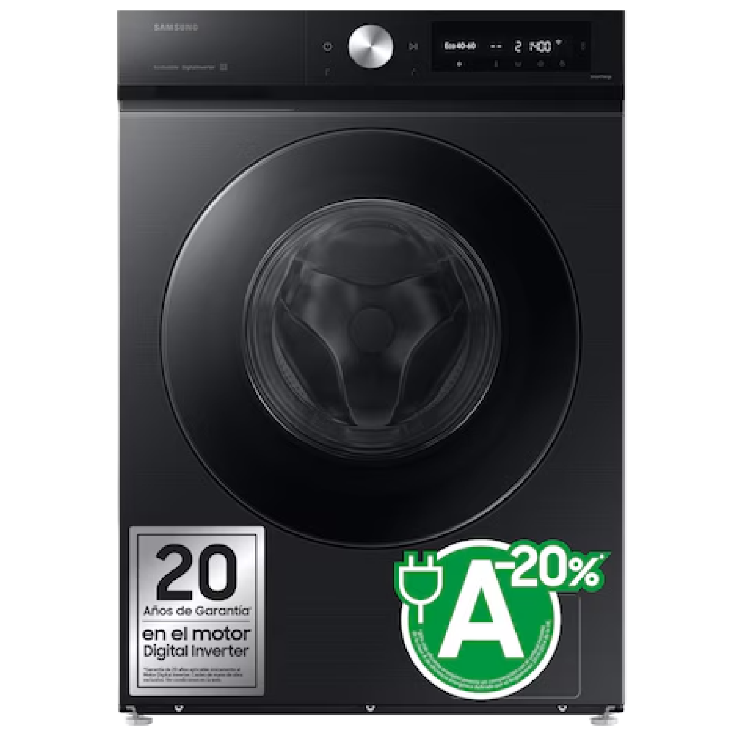 Lavadora Samsung negra. Tiene puerta redonda, pantalla digital y etiqueta de eficiencia energética. También tiene 20 años de garantía.