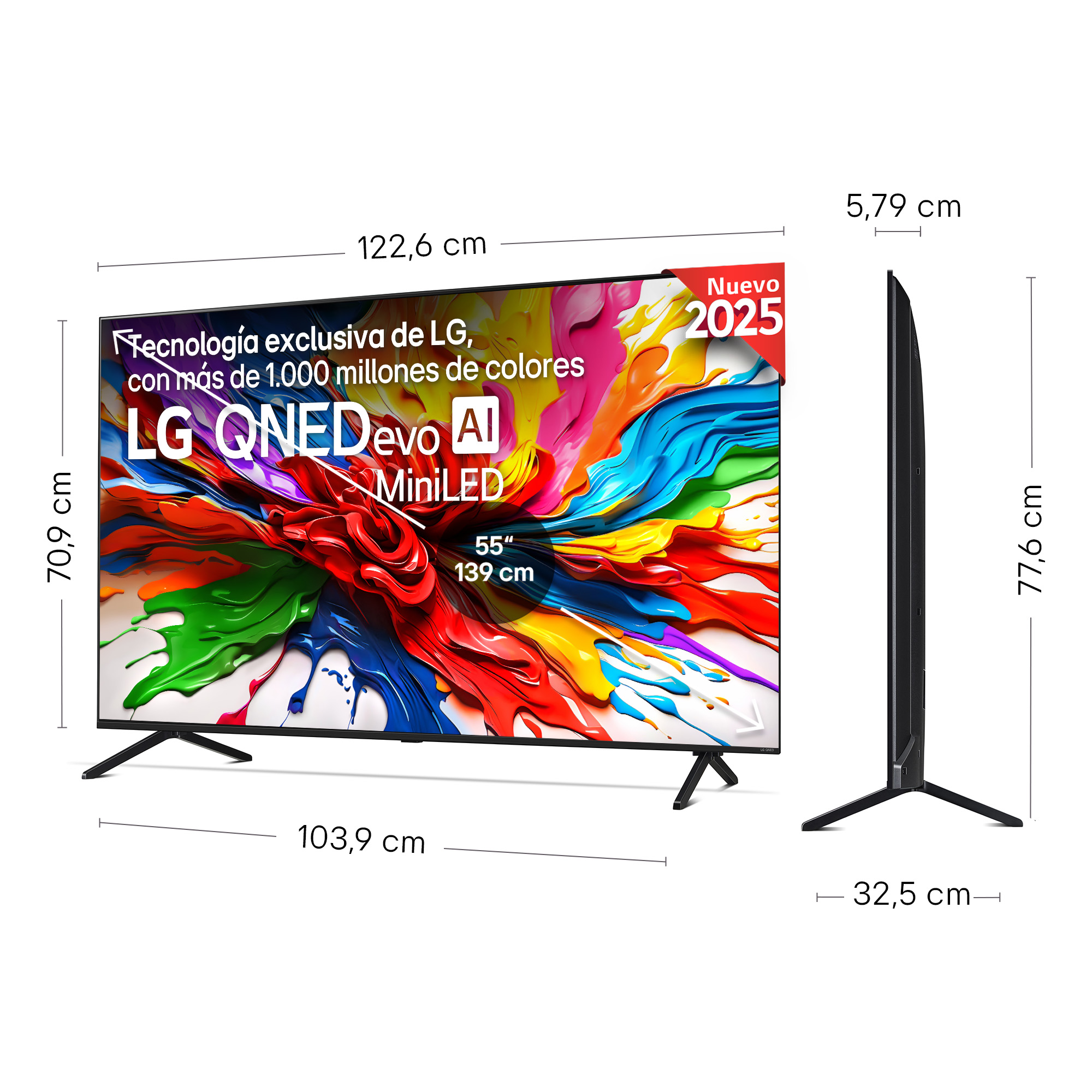 Un televisor LG QNED evo MiniLED, de 55 pulgadas, con colores vibrantes. Se muestran las dimensiones. Una etiqueta 'Nuevo 2025' es visible.