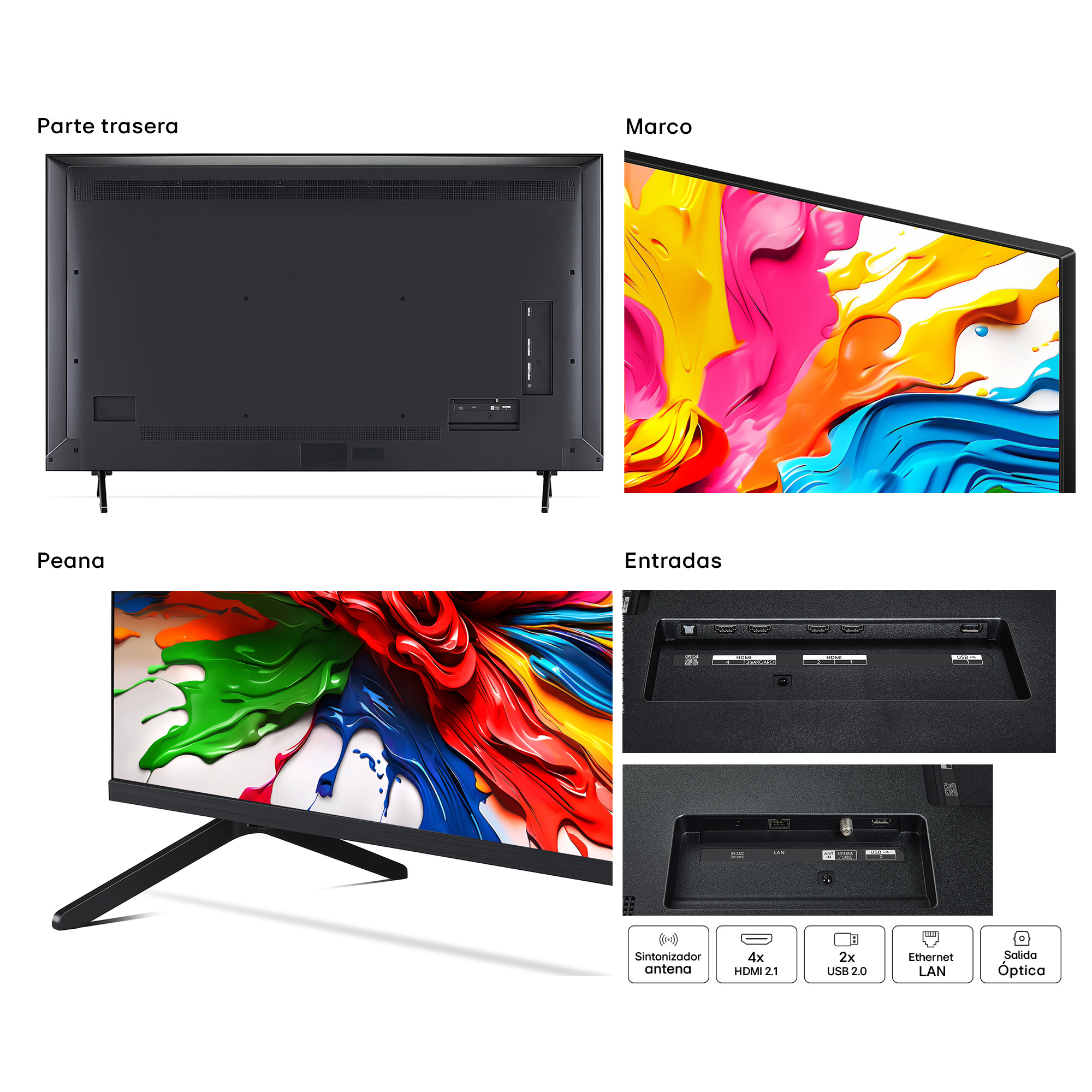 Un televisor muestra su parte trasera, marco, soporte y puertos de entrada. La pantalla muestra salpicaduras de pintura coloridas.