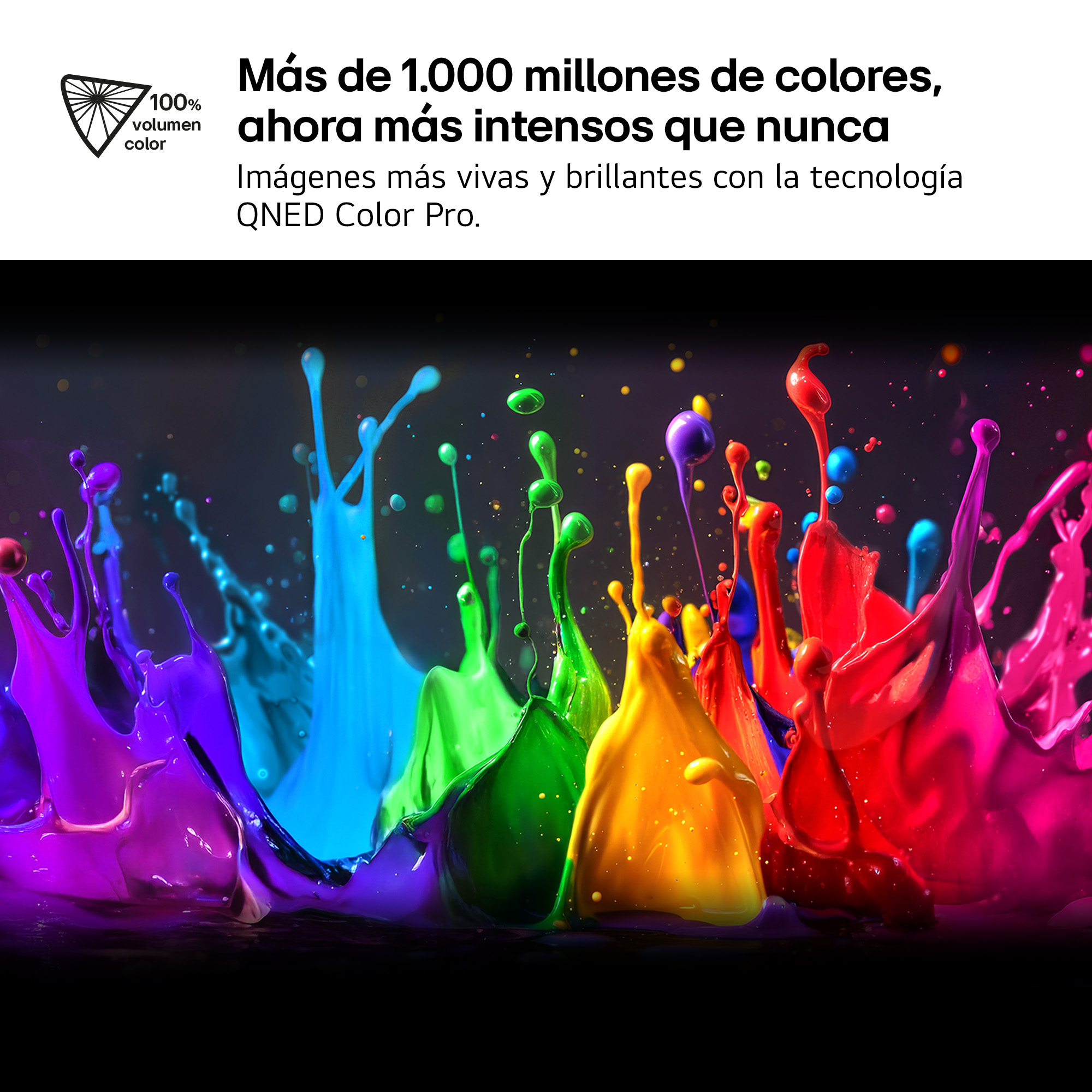 Salpicaduras de pintura coloridas en varios tonos, con texto que indica intensidad de color y tecnología QNED Color Pro.