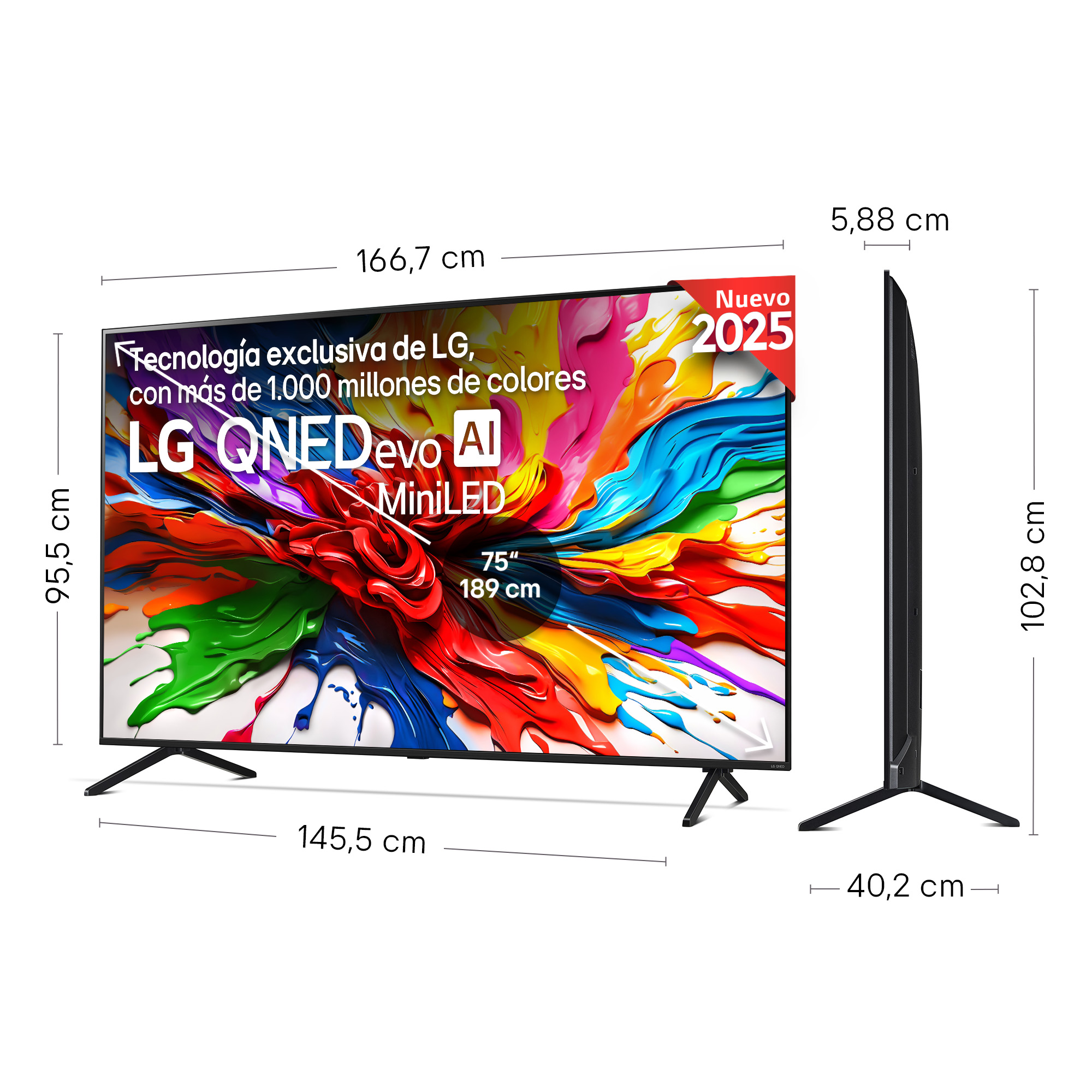 Televisor LG QNEDevo AI MiniLED de 75 pulgadas. Se muestran las dimensiones. La pantalla muestra salpicaduras de pintura coloridas. Visible una pegatina 'Nuevo 2025'.