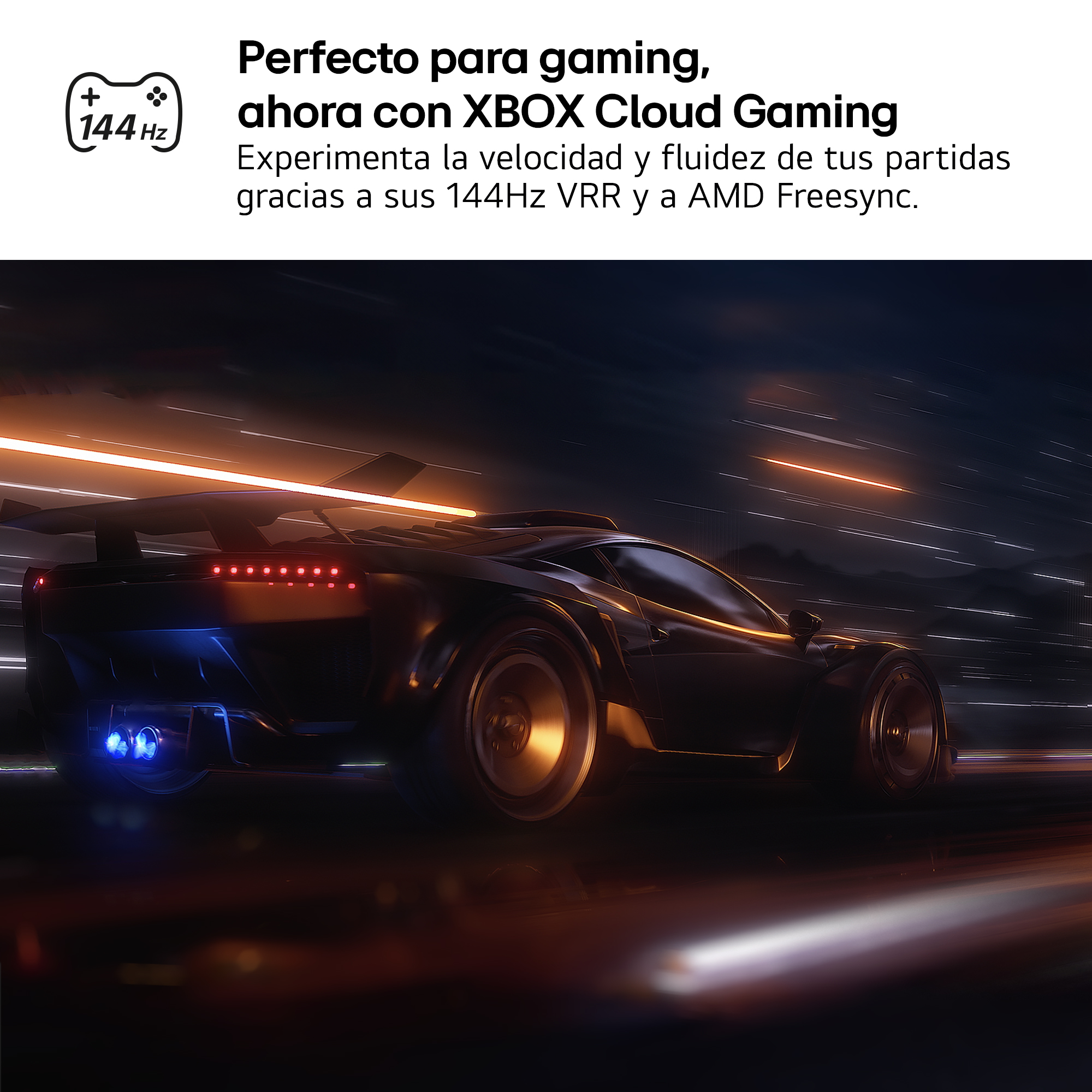 Un coche deportivo negro a alta velocidad en una pista oscura con efecto de movimiento. Luces traseras rojas y escape azul.