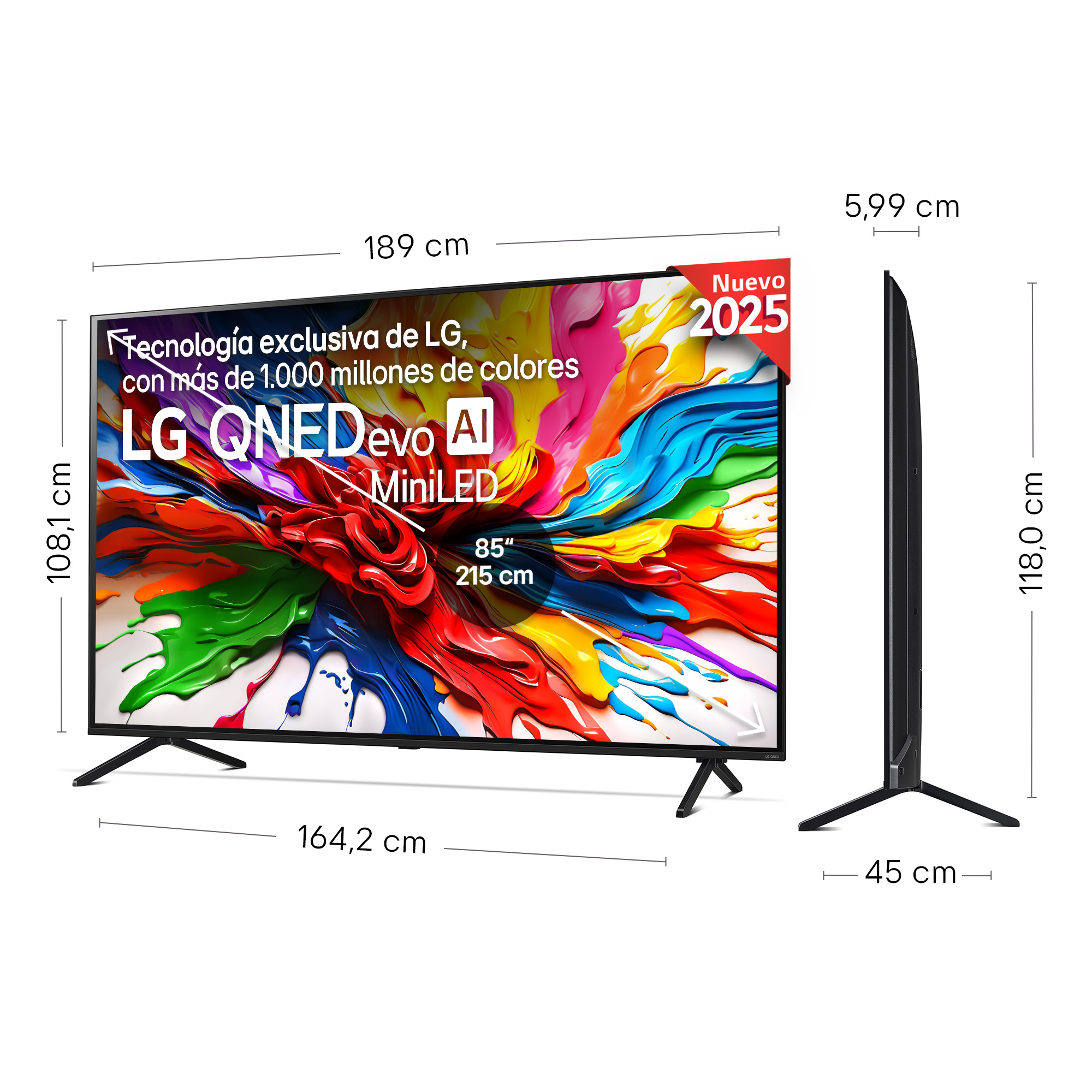 Un televisor LG QNEDevo MiniLED de 85 pulgadas con arte abstracto colorido en la pantalla. Se muestran las dimensiones. El texto 'Nuevo 2025' está presente.