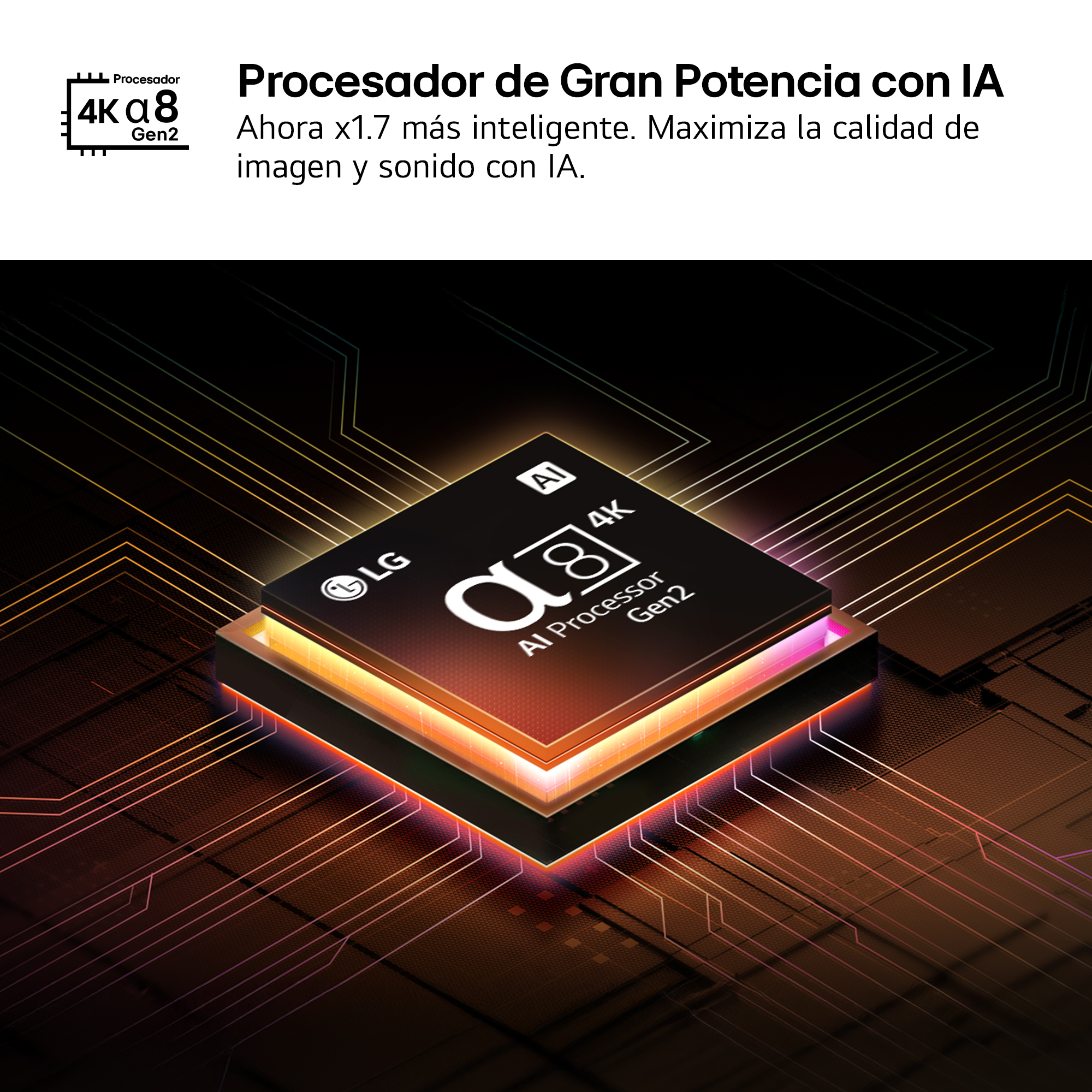 Primer plano de un procesador negro con el logotipo de LG y el texto AI Processor Gen2. Líneas de luz irradian hacia afuera.