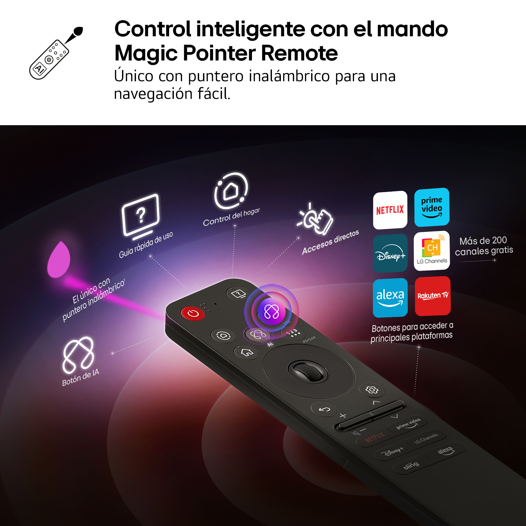 Control remoto negro con botones de plataforma, iconos y texto sobre un fondo degradado. Reflejos y superposición de texto morado.