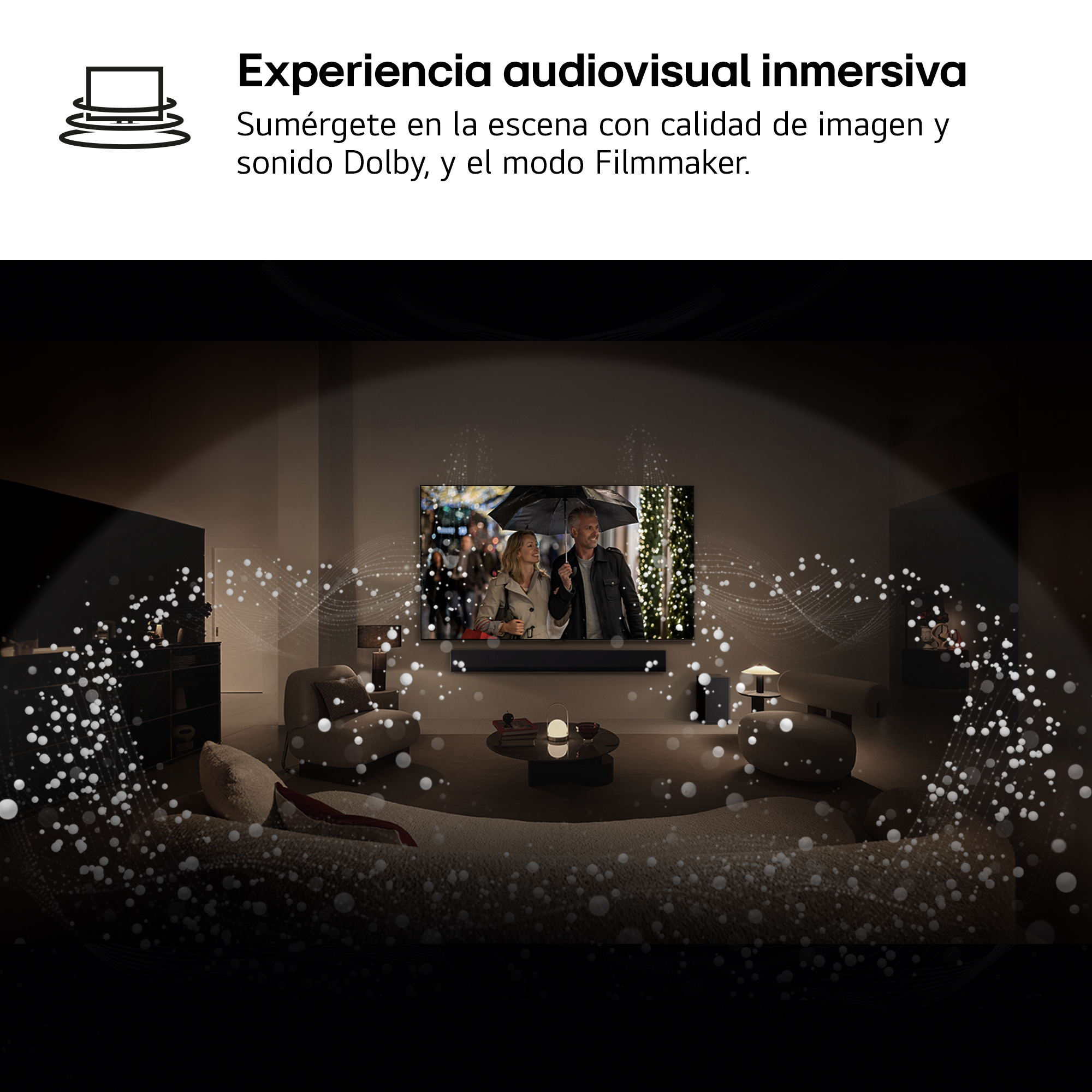 Salón con televisor que muestra a una pareja bajo un paraguas. Ondas de sonido emanan del televisor.