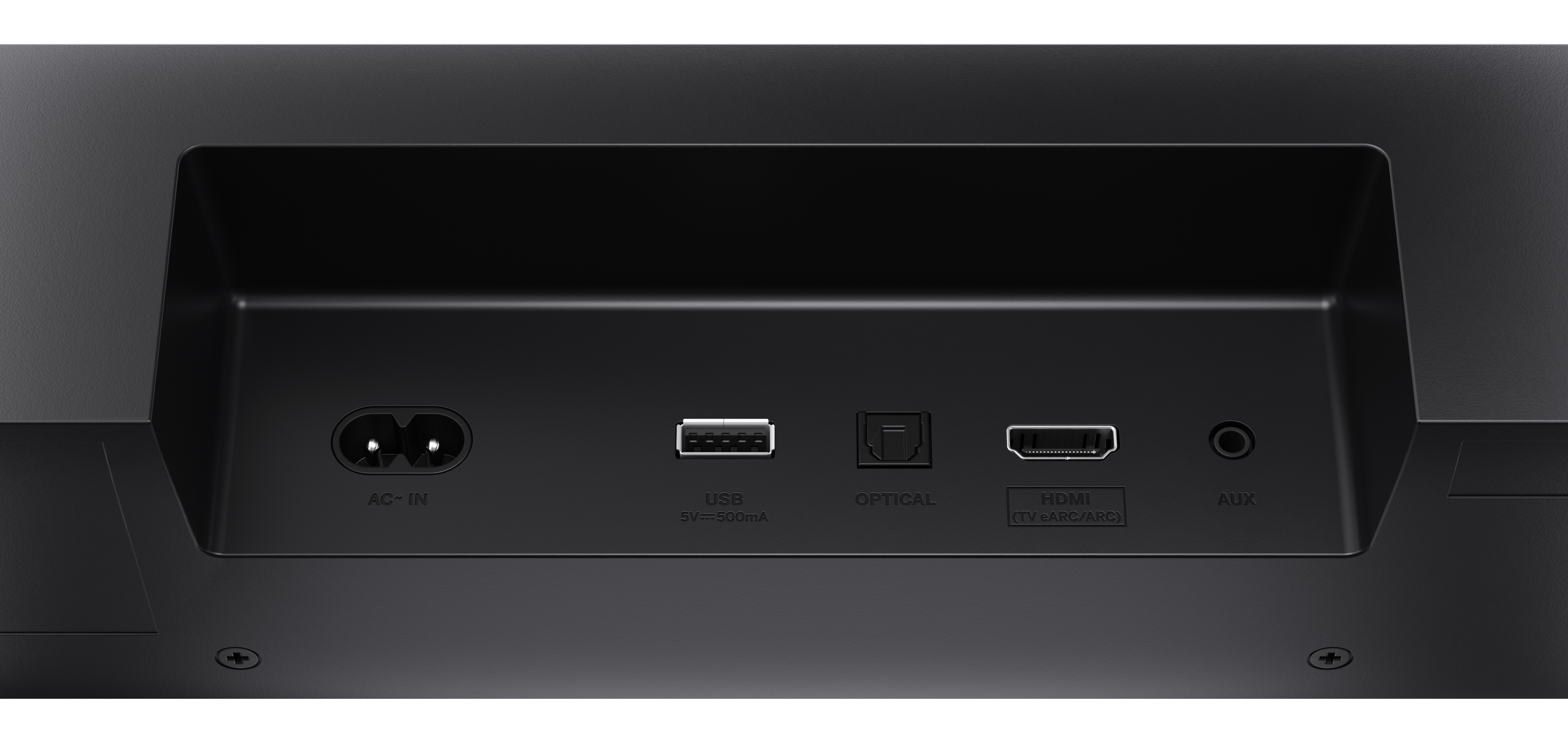 Zbliżenie tylnego panelu czarnego urządzenia. Zawiera porty AC-IN, USB, optyczne, HDMI i AUX. Panel ma zagłębioną konstrukcję.
