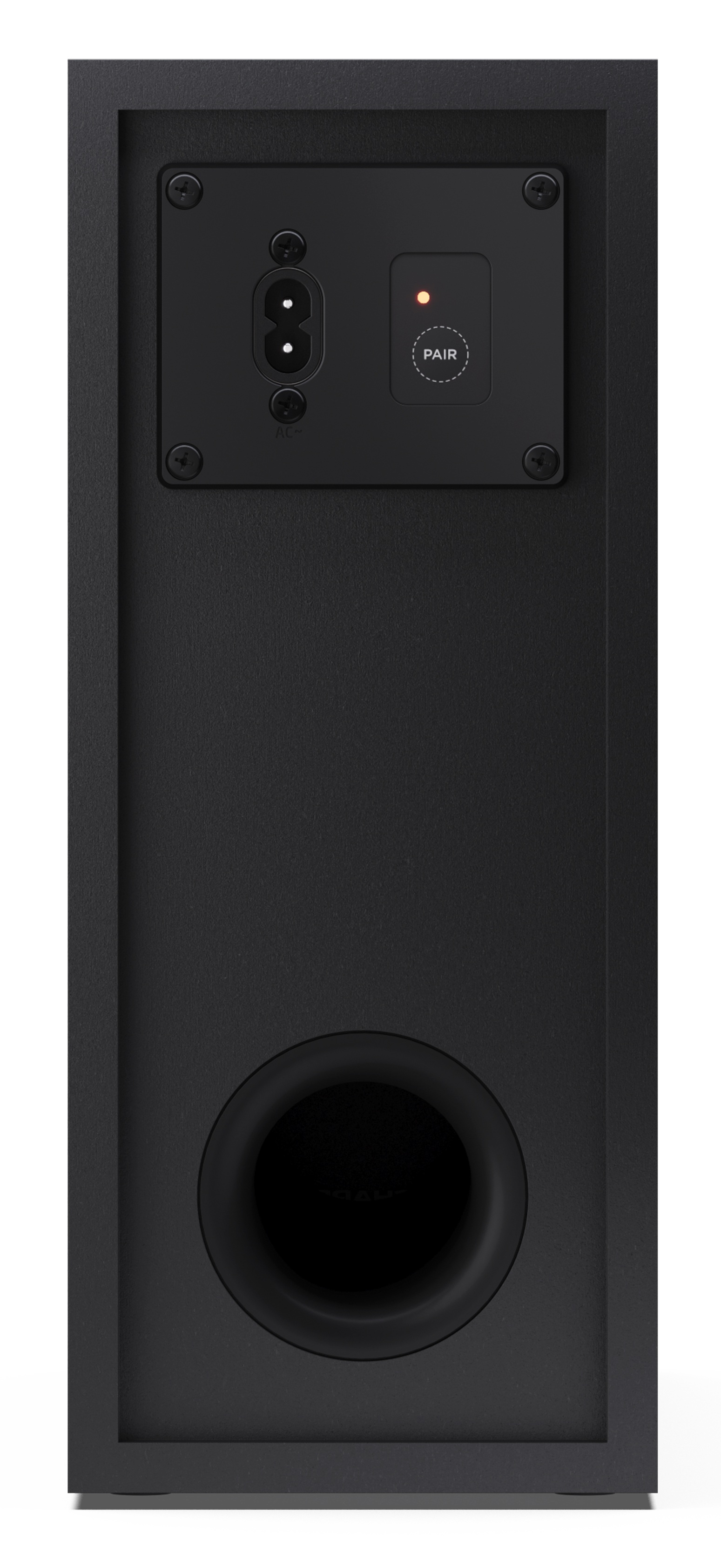Czarny tył głośnika z wejściem zasilania, przyciskiem 'PAIR' ze światłem i portem basowym.