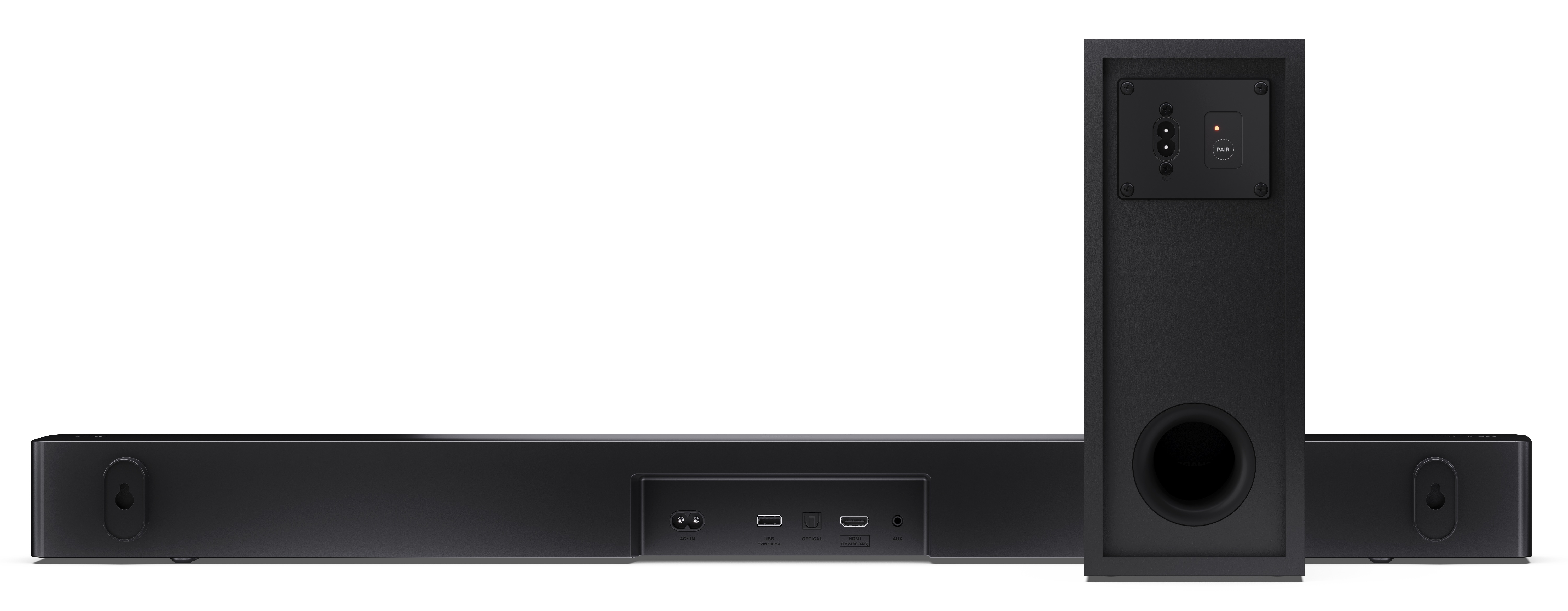 Czarny system soundbar na białym tle, z długim paskiem i wieżą subwoofera. Widoczne różne porty.