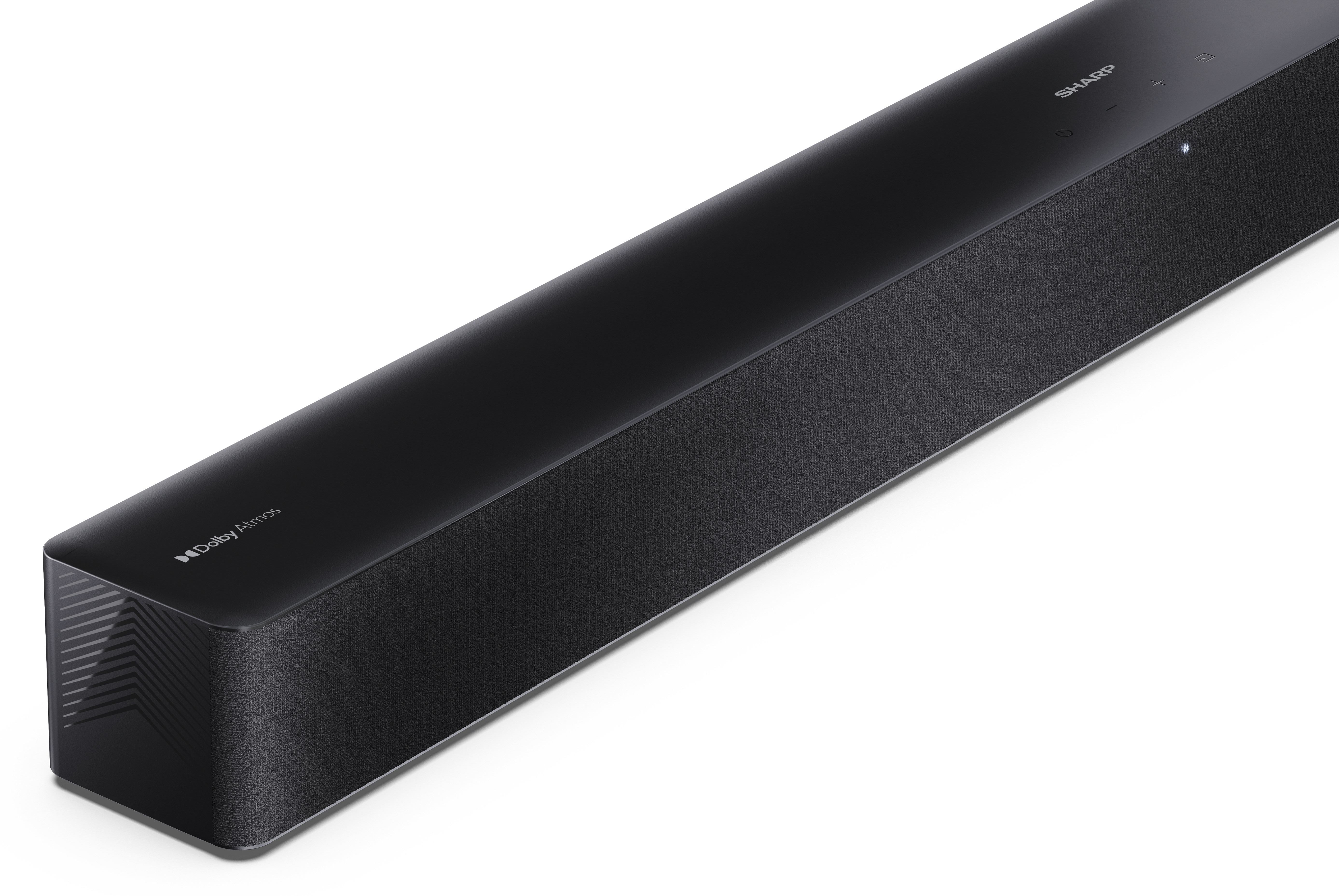Czarny soundbar Sharp z Dolby Atmos. Jest prostokątny z siatkowym przodem. Widoczne logo Sharp.