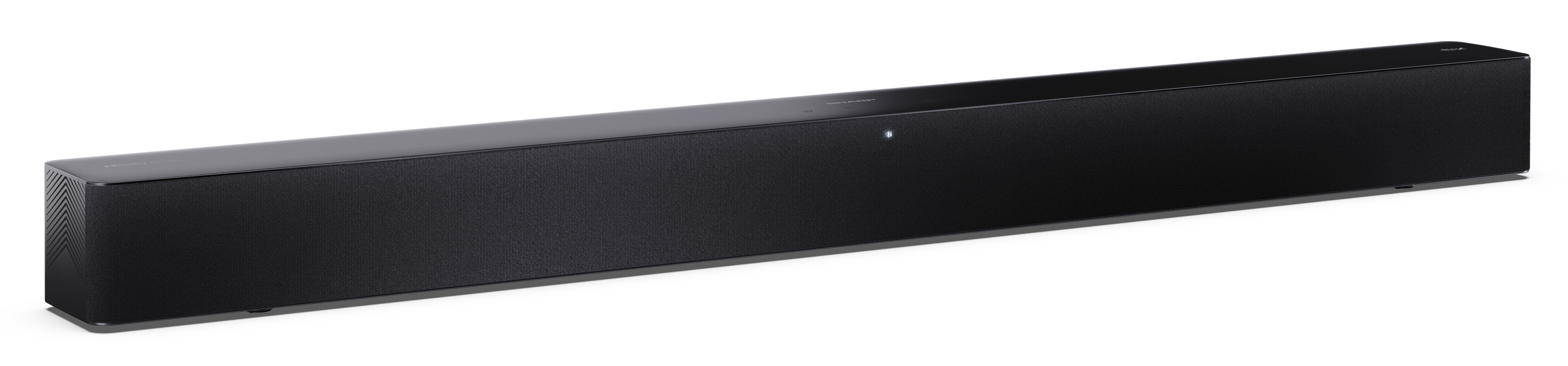 Czarny soundbar na białym tle. Ma materiałowy przód i błyszczącą górę z małą diodą LED.