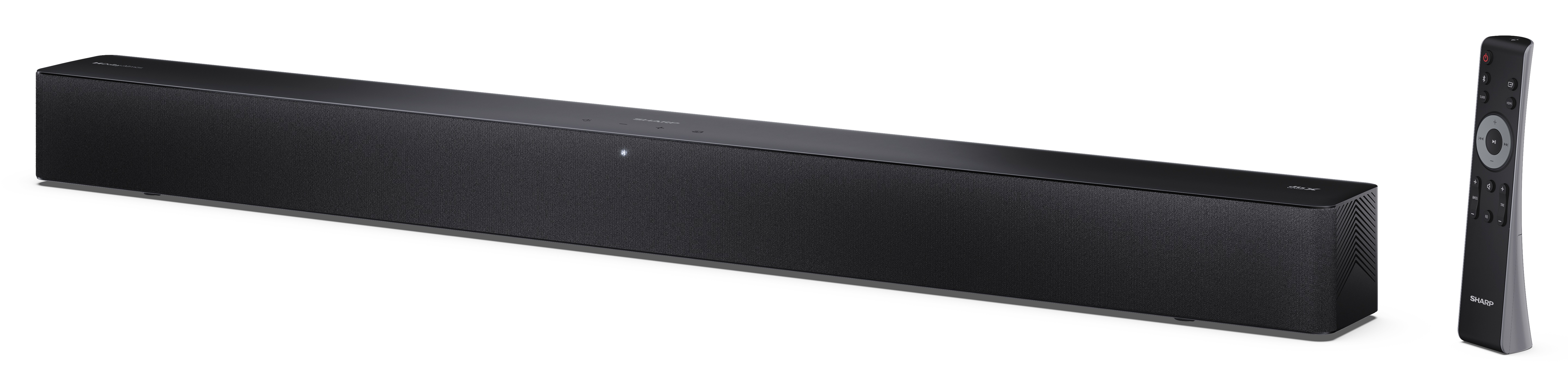 Czarny soundbar i pilot na białym tle. Soundbar jest prostokątny, z przyciskami na górze.