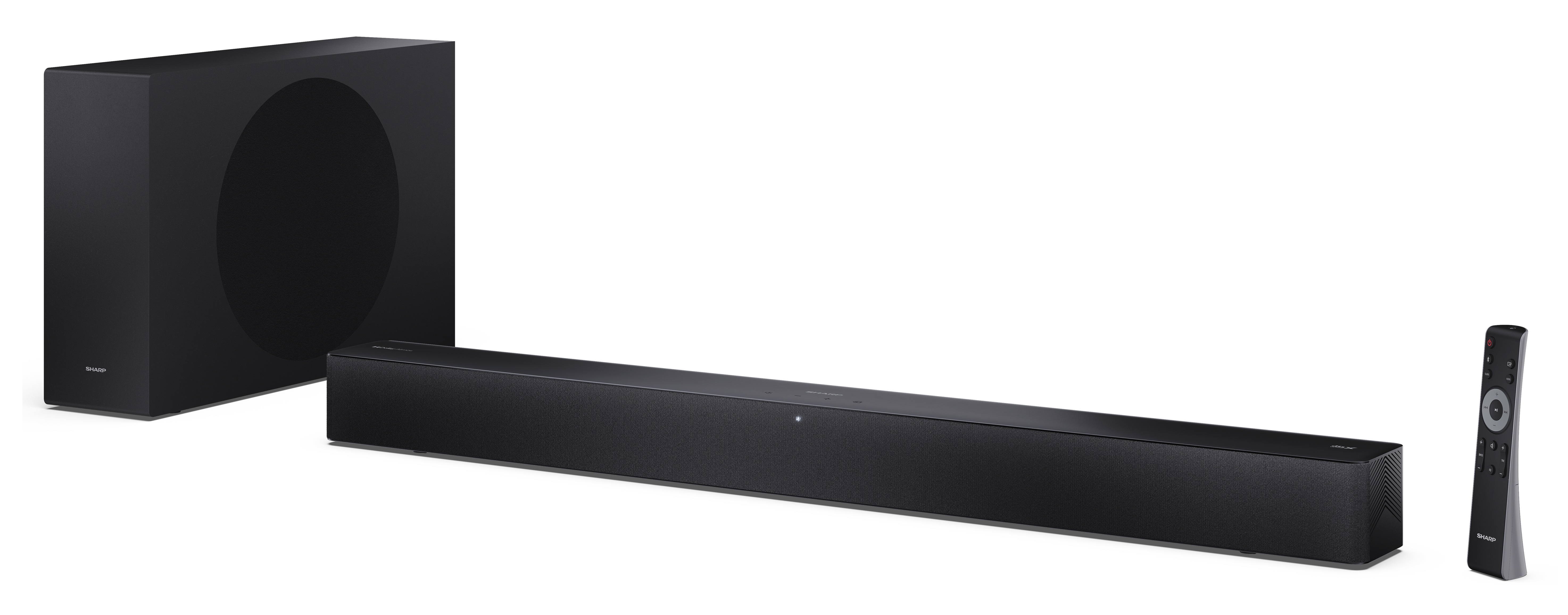 Czarny soundbar, subwoofer i pilot na białym tle. Soundbar jest długi, a subwoofer ma kształt kostki.