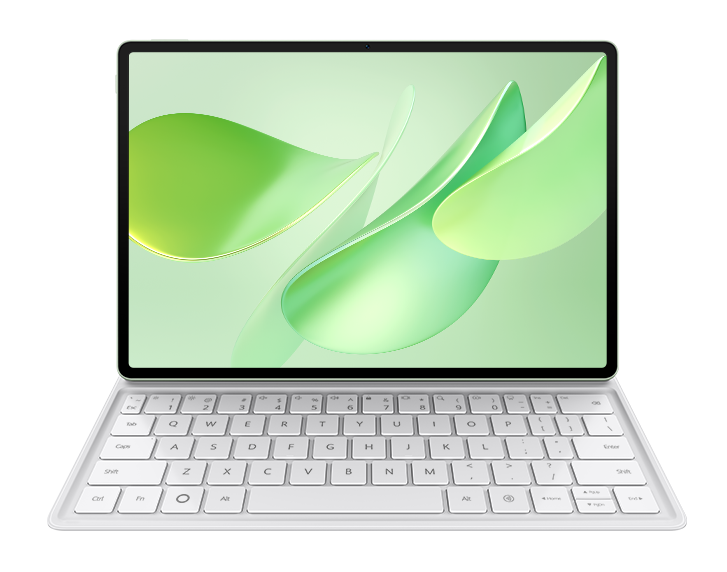 Tablet z dołączoną białą klawiaturą. Ekran wyświetla zielone abstrakcyjne kształty. Tło jest czarne.