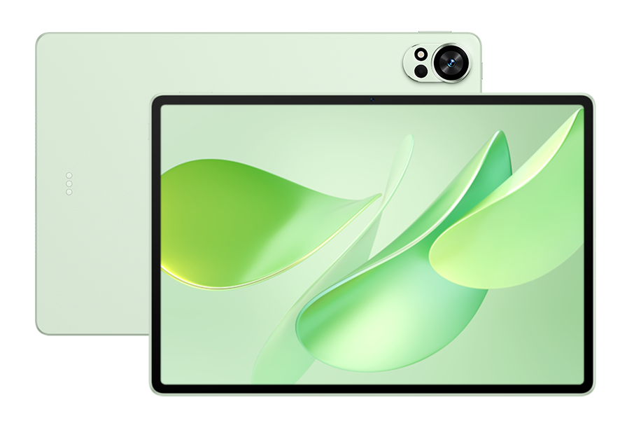 Jasnozielony tablet wyświetla abstrakcyjne zielone kształty. Za nim drugi tablet z wypukłością aparatu.