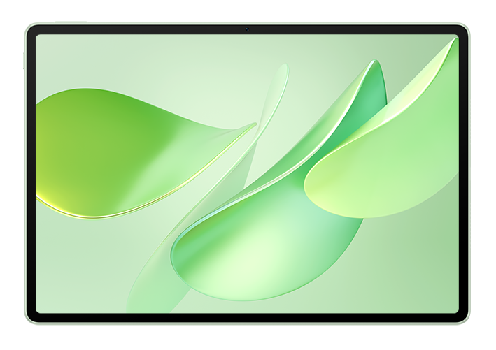 Tablet z jasnozielonym ekranem wyświetlającym abstrakcyjne zielone kształty. Tablet otoczony jest czarną ramką.