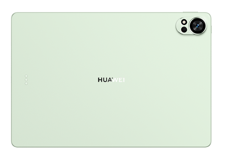 Jasnozielony tablet z logo Huawei. Posiada moduł kamery i trzy kropki z boku. Czarne tło.