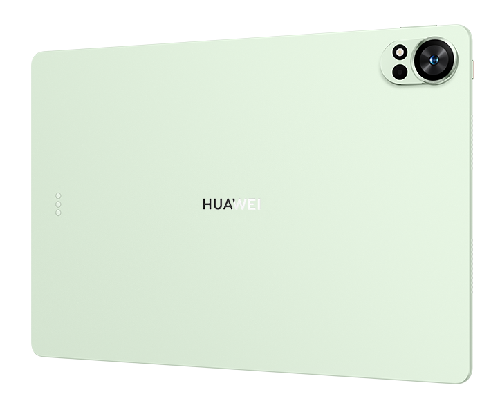 Widok z tyłu jasnozielonego tabletu Huawei. Posiada moduł kamery i logo marki. Tablet ma zaokrąglone krawędzie.